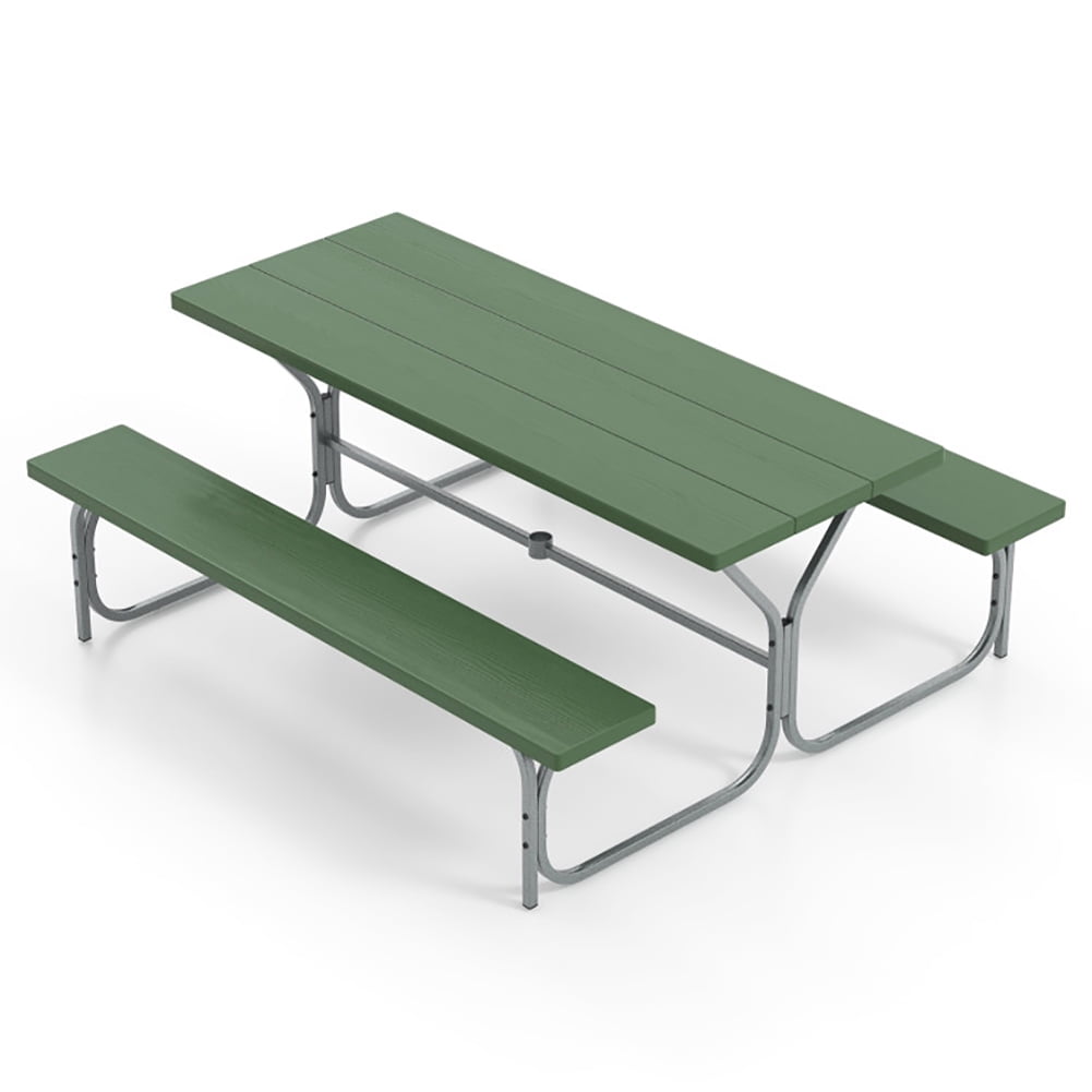 Aimee Lii 6 FT Picnic Table Bench Set Dining Table and 2 Benches with Metal Frame and HDPE Tabletop, Outdoor Patio Furniture, Green Aimee Lii 6 FT Picnic Table Bench Set Dining Table and 2 Benches with Metal Frame and HDPE Tabletop, Outdoor Patio Furniture, Green