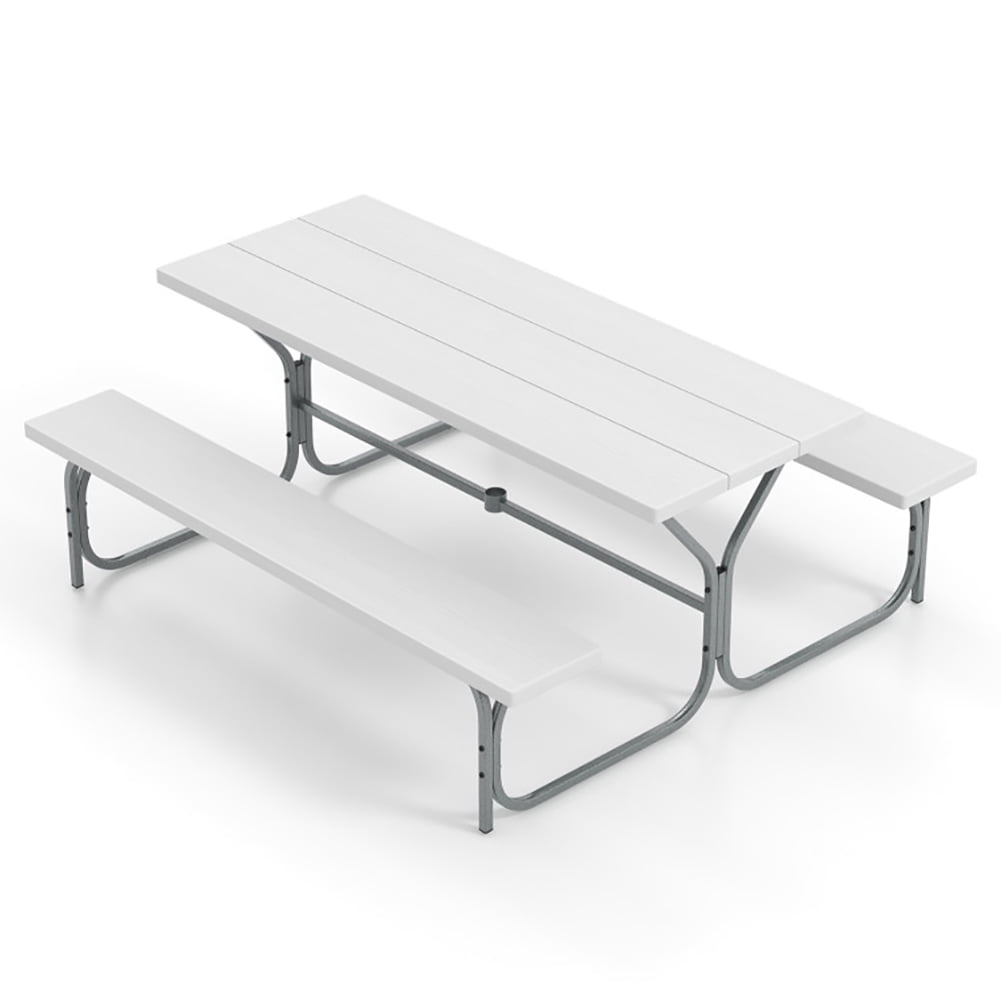 Aimee Lii 6 FT Picnic Table Bench Set Dining Table and 2 Benches with Metal Frame and HDPE Tabletop, Outdoor Patio Furniture, White Aimee Lii 6 FT Picnic Table Bench Set Dining Table and 2 Benches with Metal Frame and HDPE Tabletop, Outdoor Patio Furniture, White