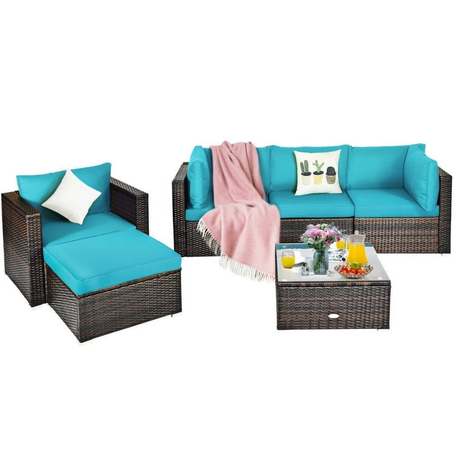 Aimee Lii 6 Pcs Patio Rattan Furniture Set with Sectional Cushion, Outdoor Deck Furniture, Turquoise