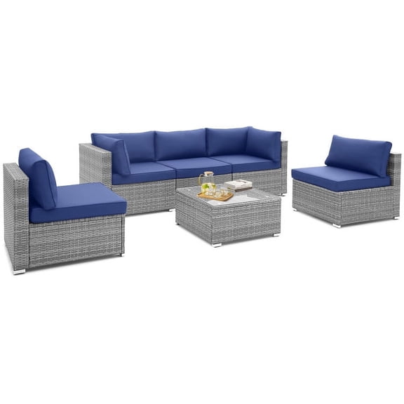 Aimee Lii 6 Piece Patio Conversation Sofa Set with Tempered Glass Coffee Table, Outdoor Patio Set, Navy
