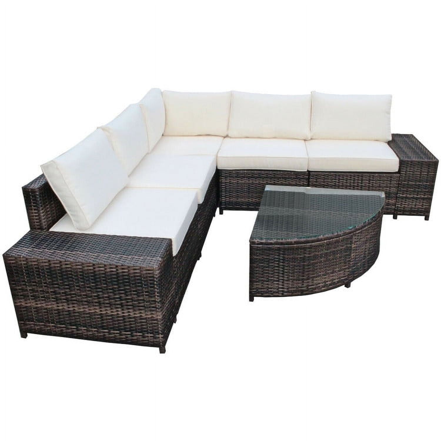 Aimee Lii 6 Piece Wicker Patio Sectional Sofa Set with Tempered Glass Coffee Table, Outdoor Deck Furniture, White