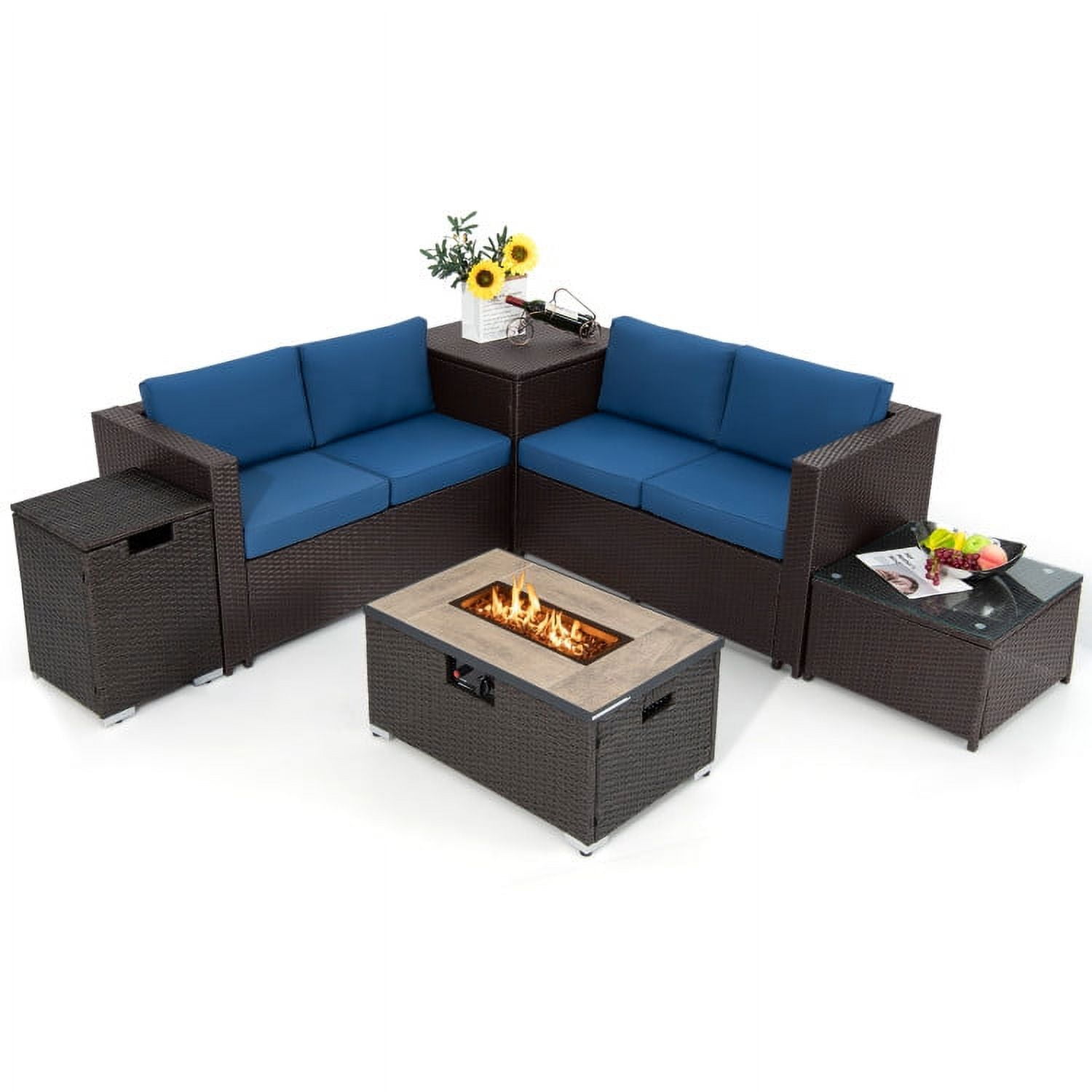 Aimee Lii 6 Pieces Outdoor Wicker Furniture Set with 32" Propane Fire Pit Table, Patio Conversation Sets, Navy Aimee Lii 6 Pieces Outdoor Wicker Furniture Set with 32" Propane Fire Pit Table, Patio Conversation Sets, Navy