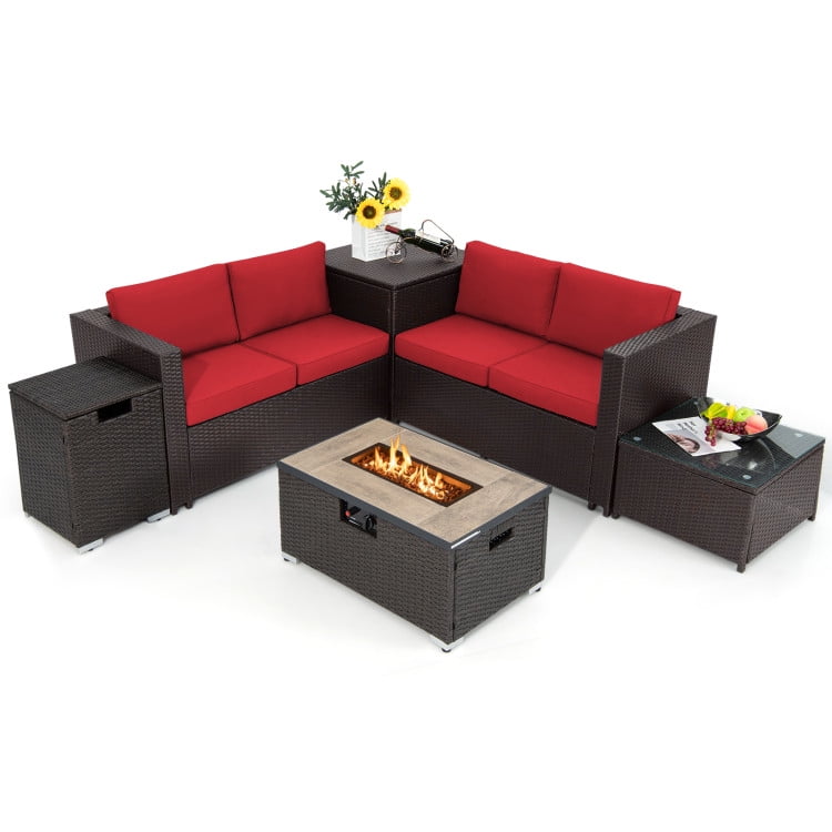 Aimee Lii 6 Pieces Outdoor Wicker Furniture Set with 32" Propane Fire Pit Table, Patio Conversation Sets, Red Aimee Lii 6 Pieces Outdoor Wicker Furniture Set with 32" Propane Fire Pit Table, Patio Conversation Sets, Red
