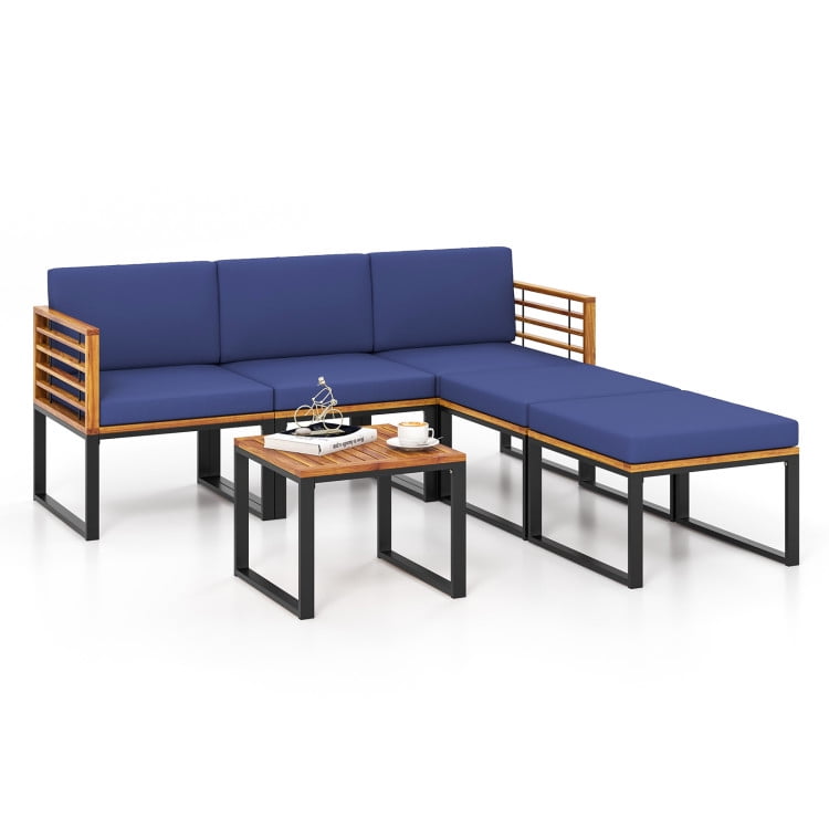 Aimee Lii 6 Pieces Patio Acacia Wood Conversation Set with Coffee Table, Patio Table and Chairs Set, Outdoor Patio Set, Navy Aimee Lii 6 Pieces Patio Acacia Wood Conversation Set with Coffee Table, Patio Table and Chairs Set, Outdoor Patio Set, Navy