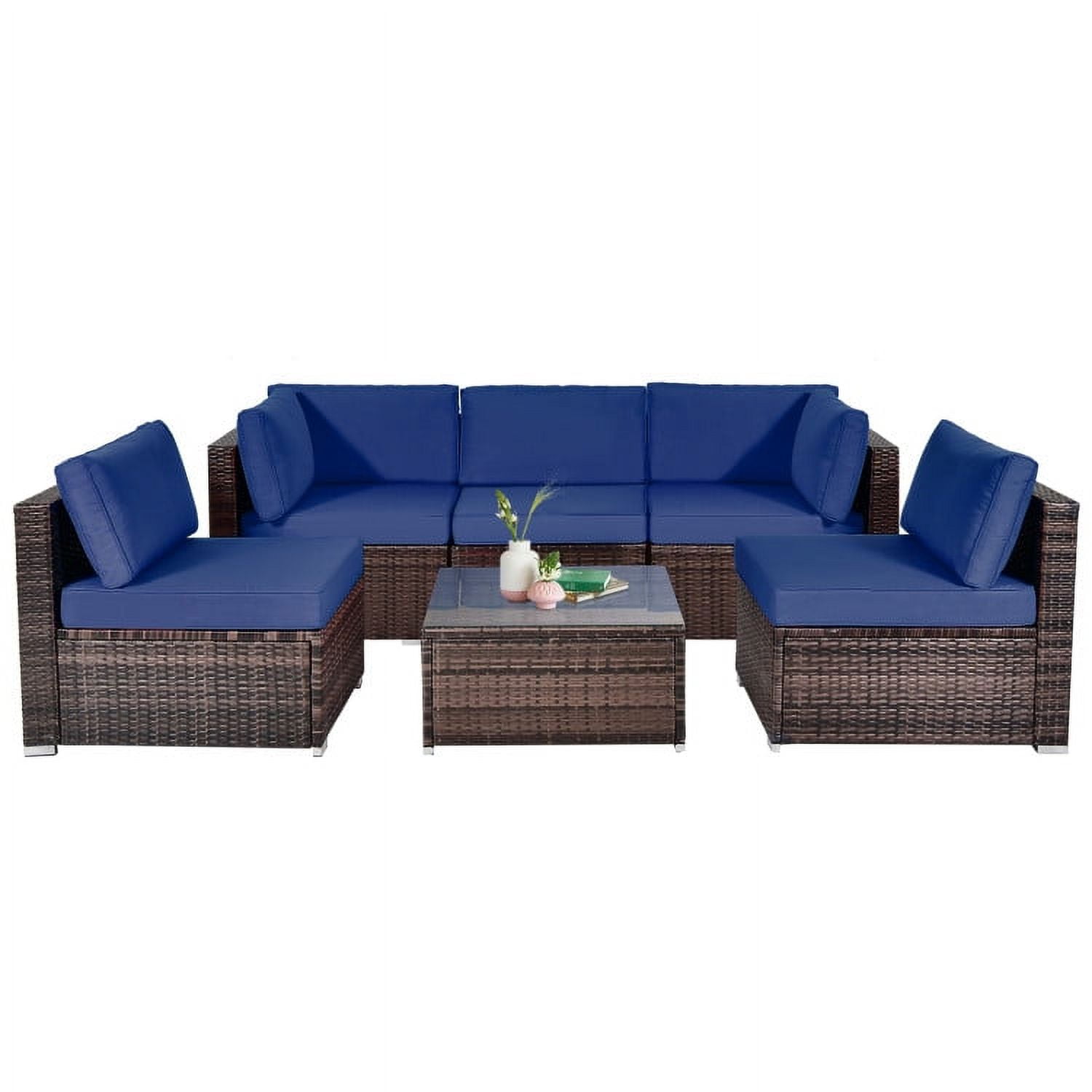 Aimee Lii 6 Pieces Patio Rattan Sectional Furniture Set with Cushions and Coffee Table, Outdoor Deck Furniture, Navy