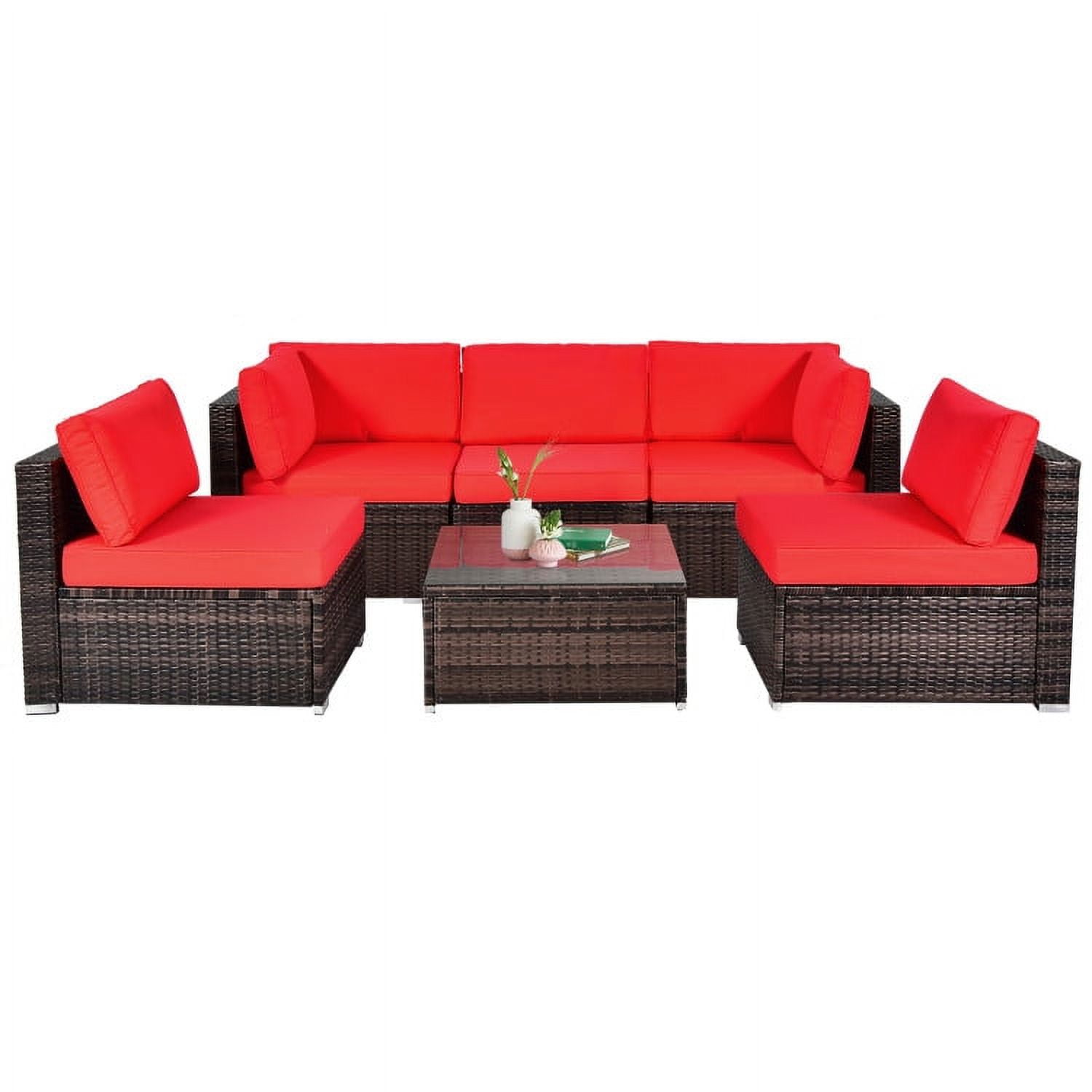 Aimee Lii 6 Pieces Patio Rattan Sectional Furniture Set with Cushions and Coffee Table, Outdoor Deck Furniture, Red Aimee Lii 6 Pieces Patio Rattan Sectional Furniture Set with Cushions and Coffee Table, Outdoor Deck Furniture, Red