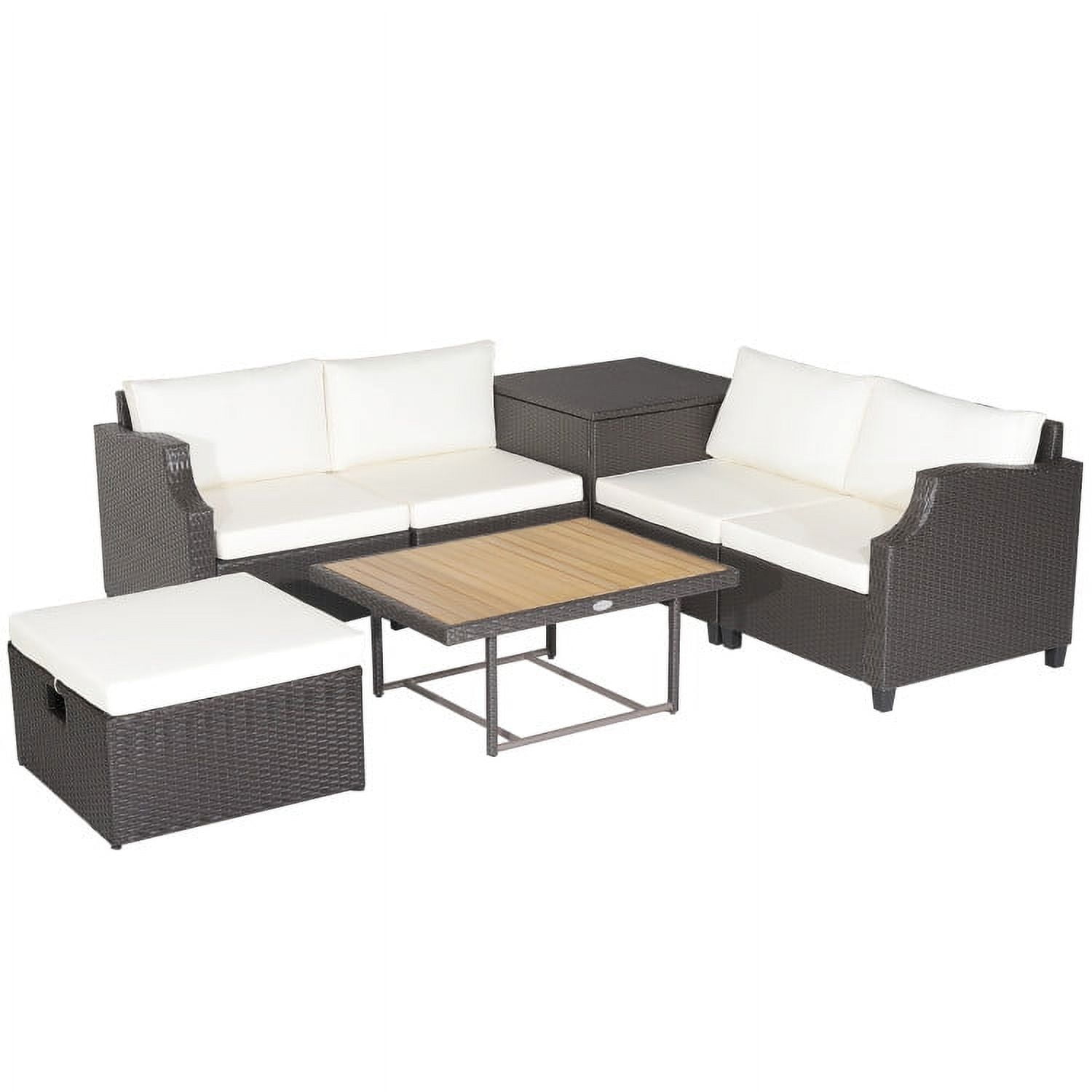 Aimee Lii 7 Pieces Hand-Woven Wicker Outdoor Furniture Set with Acacia Wood Coffee Table, Outdoor Patio Set, White Aimee Lii 7 Pieces Hand-Woven Wicker Outdoor Furniture Set with Acacia Wood Coffee Table, Outdoor Patio Set, White