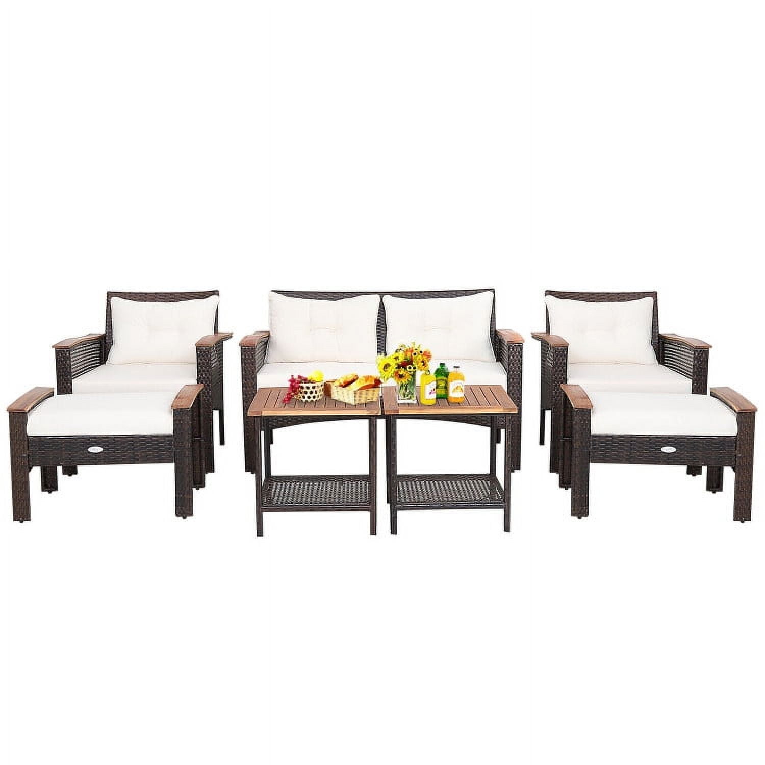 Aimee Lii 7 Pieces Patio Rattan Cushioned Conversation Set with Acacia Wood Tabletop, Outdoor Patio Furniture Aimee Lii 7 Pieces Patio Rattan Cushioned Conversation Set with Acacia Wood Tabletop, Outdoor Patio Furniture