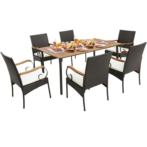 Aimee Lii 7 Pieces Patio Wicker Dining Set with Detachable Cushion and Umbrella Hole, Outdoor Patio Furniture for Balcony Porch Backyard, Sturdy