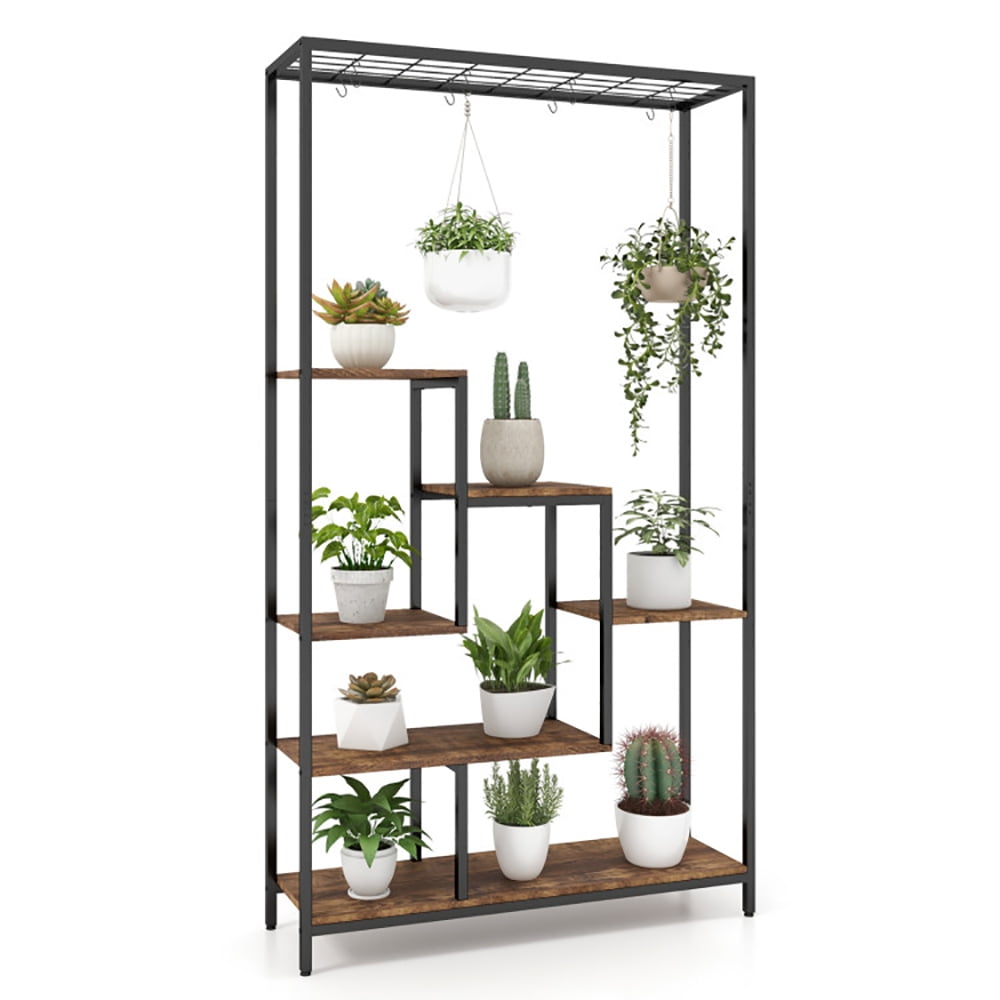 Aimee Lii 71" Metal Indoor Plant Shelf with 10 Hanging Hooks, 6-Tier Tall Plant Stand, Plant Display Stand for Living Room, Balcony, Brown Aimee Lii 71" Metal Indoor Plant Shelf with 10 Hanging Hooks, 6-Tier Tall Plant Stand, Plant Display Stand for Living Room, Balcony, Brown