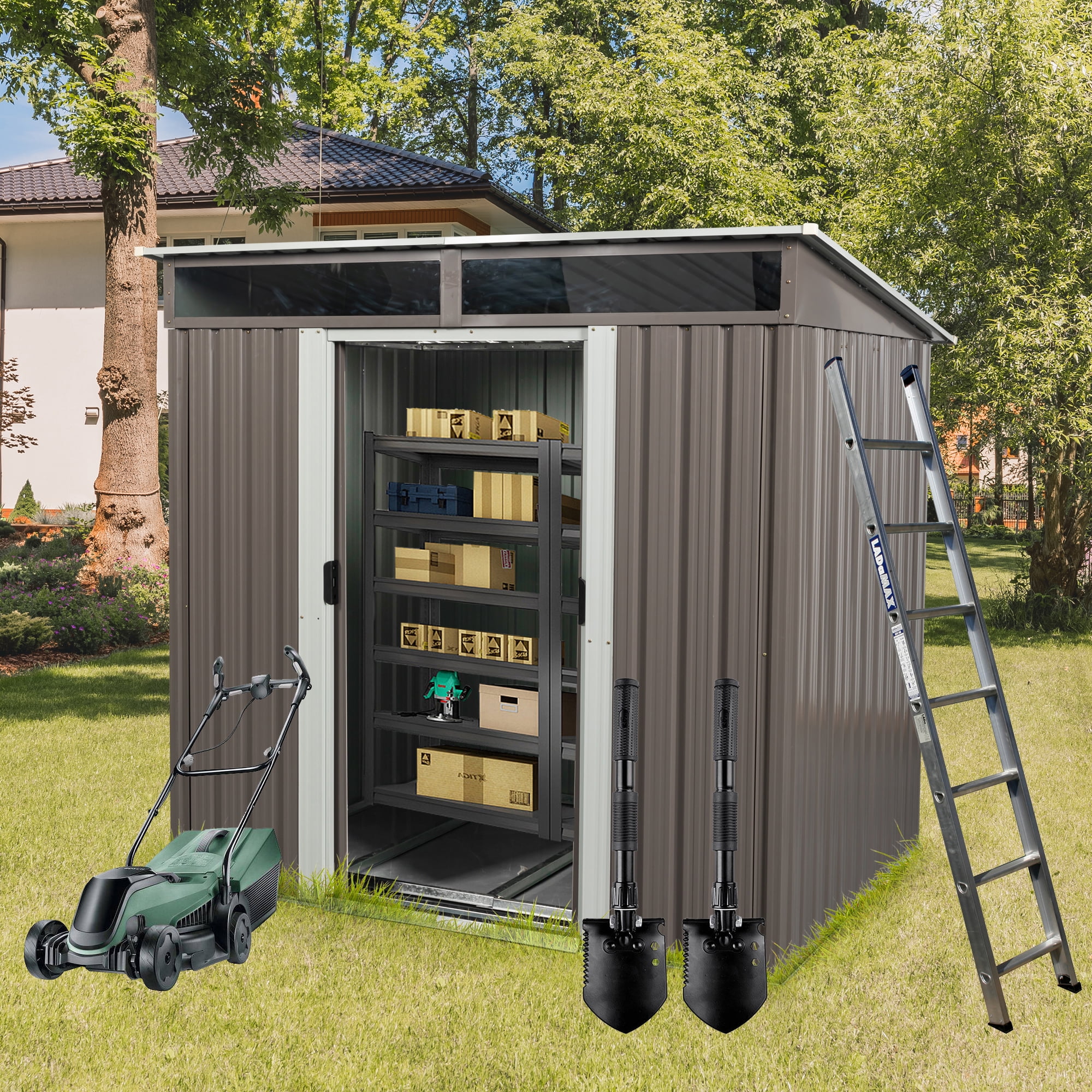 Aimee Lii 72" x 54" Outdoor Metal Storage Shed, Metal Sheds for Backyard Garden Patio Lawn, Utility Tool Shed Storage House, Gray Aimee Lii 72" x 54" Outdoor Metal Storage Shed, Metal Sheds for Backyard Garden Patio Lawn, Utility Tool Shed Storage House, Gray