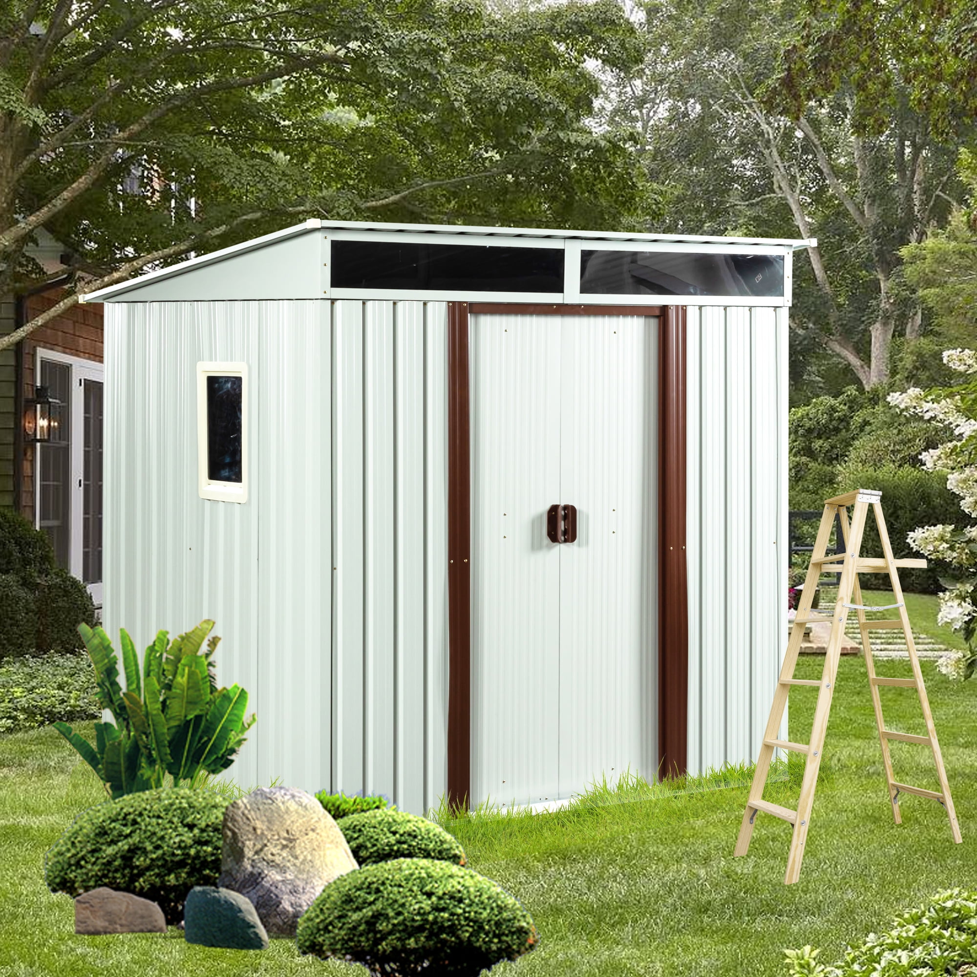 Aimee Lii 72"x54" Metal Outdoor Storage Shed, Metal Sheds Outdoor Storage for Backyard Garden Patio Lawn, Utility Tool Shed Storage House, White Aimee Lii 72"x54" Metal Outdoor Storage Shed, Metal Sheds Outdoor Storage for Backyard Garden Patio Lawn, Utility Tool Shed Storage House, White