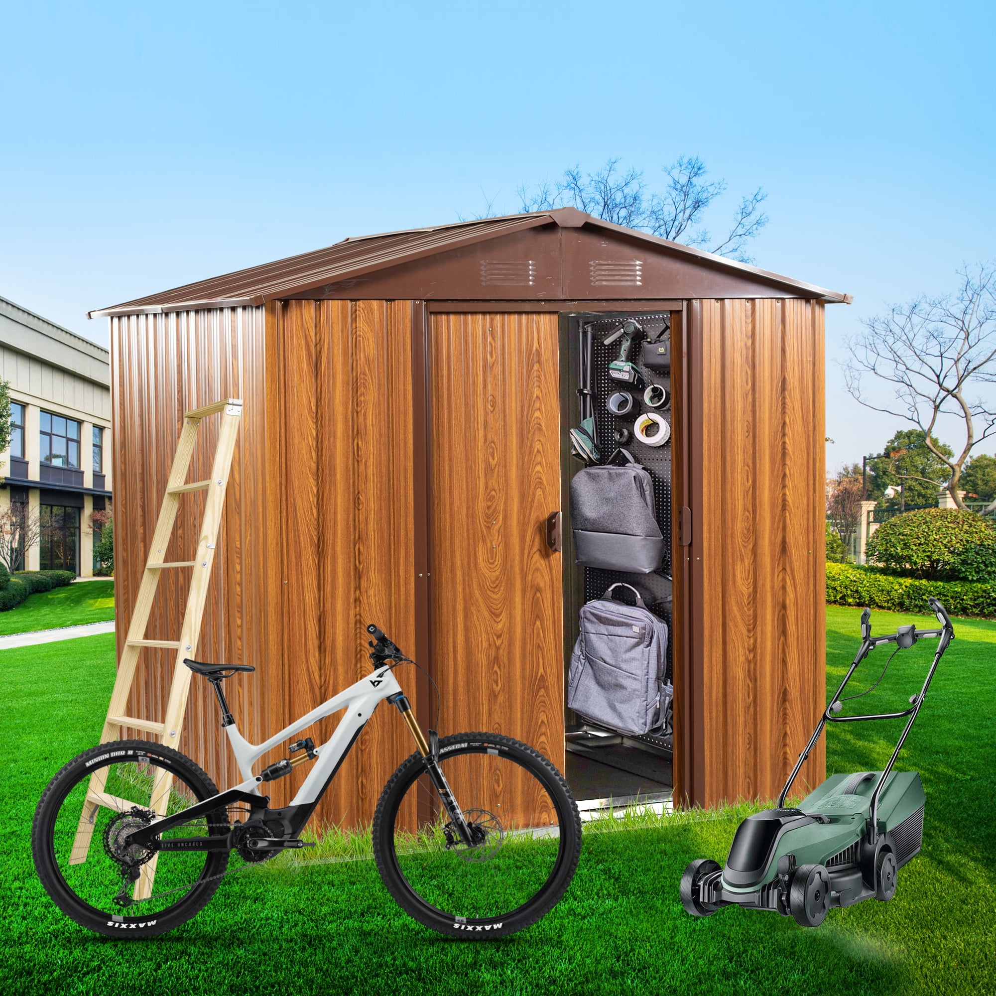Aimee Lii 72"x63" Outdoor Storage Shed, Utility Tool Shed Storage House, Sheds Outdoor Storage for Backyard Garden Patio Lawn, Brown Aimee Lii 72"x63" Outdoor Storage Shed, Utility Tool Shed Storage House, Sheds Outdoor Storage for Backyard Garden Patio Lawn, Brown