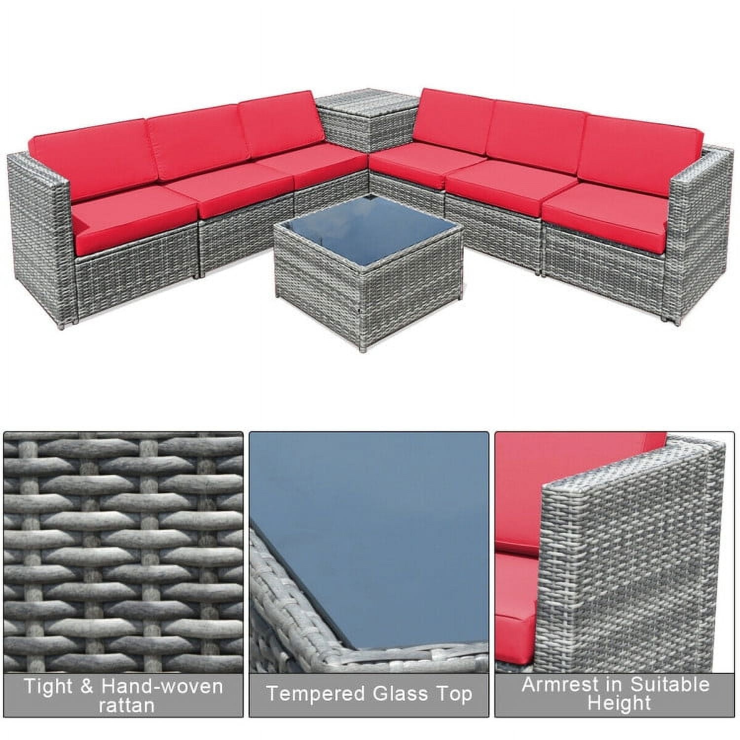 Aimee Lii 8 Piece Wicker Sofa Rattan Dinning Set Patio Furniture with Storage Table, Outdoor Deck Furniture, Red Aimee Lii 8 Piece Wicker Sofa Rattan Dinning Set Patio Furniture with Storage Table, Outdoor Deck Furniture, Red