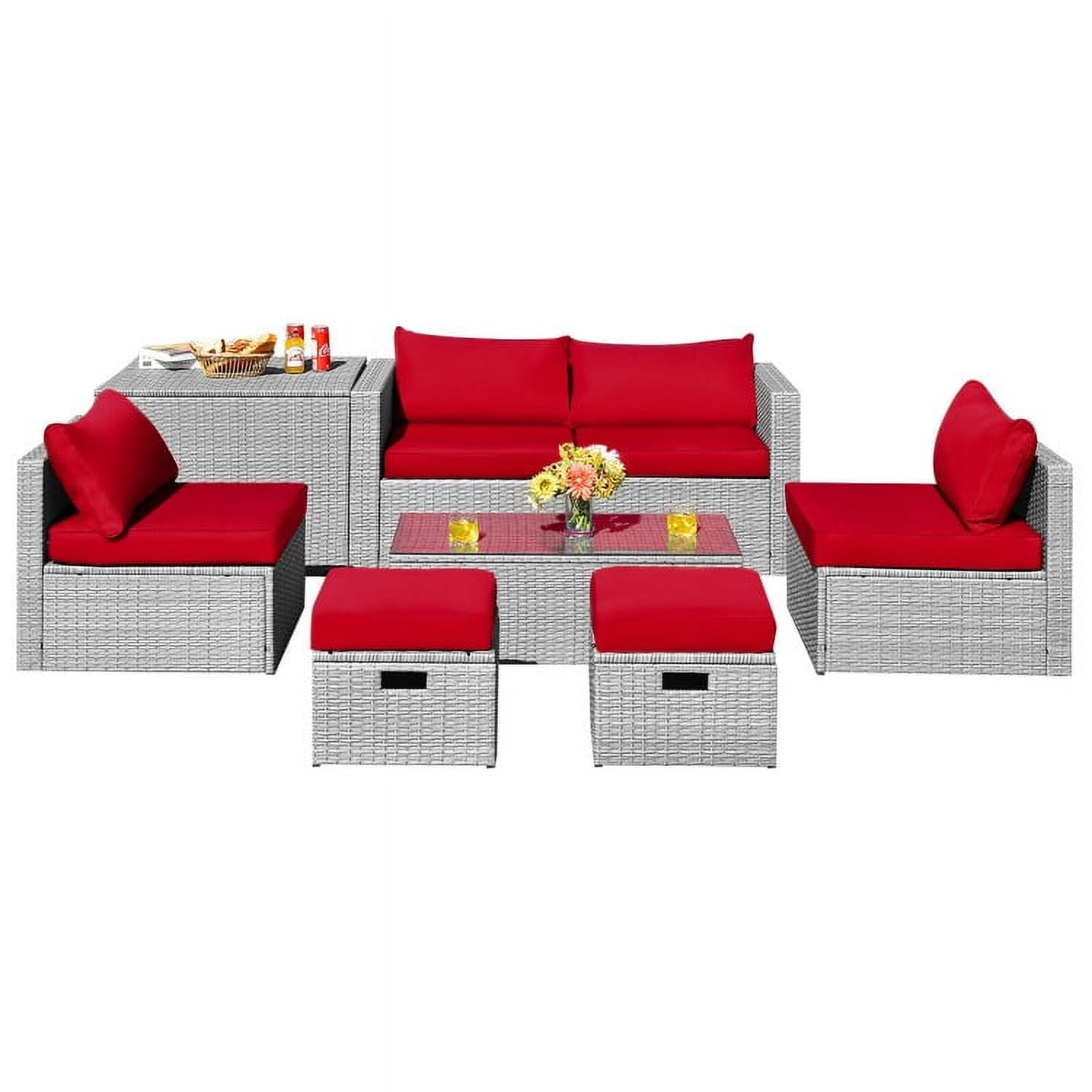 Aimee Lii 8 Pieces Patio Rattan Furniture Set with Storage Waterproof Cover and Cushion, Outdoor Patio Set, Red Aimee Lii 8 Pieces Patio Rattan Furniture Set with Storage Waterproof Cover and Cushion, Outdoor Patio Set, Red