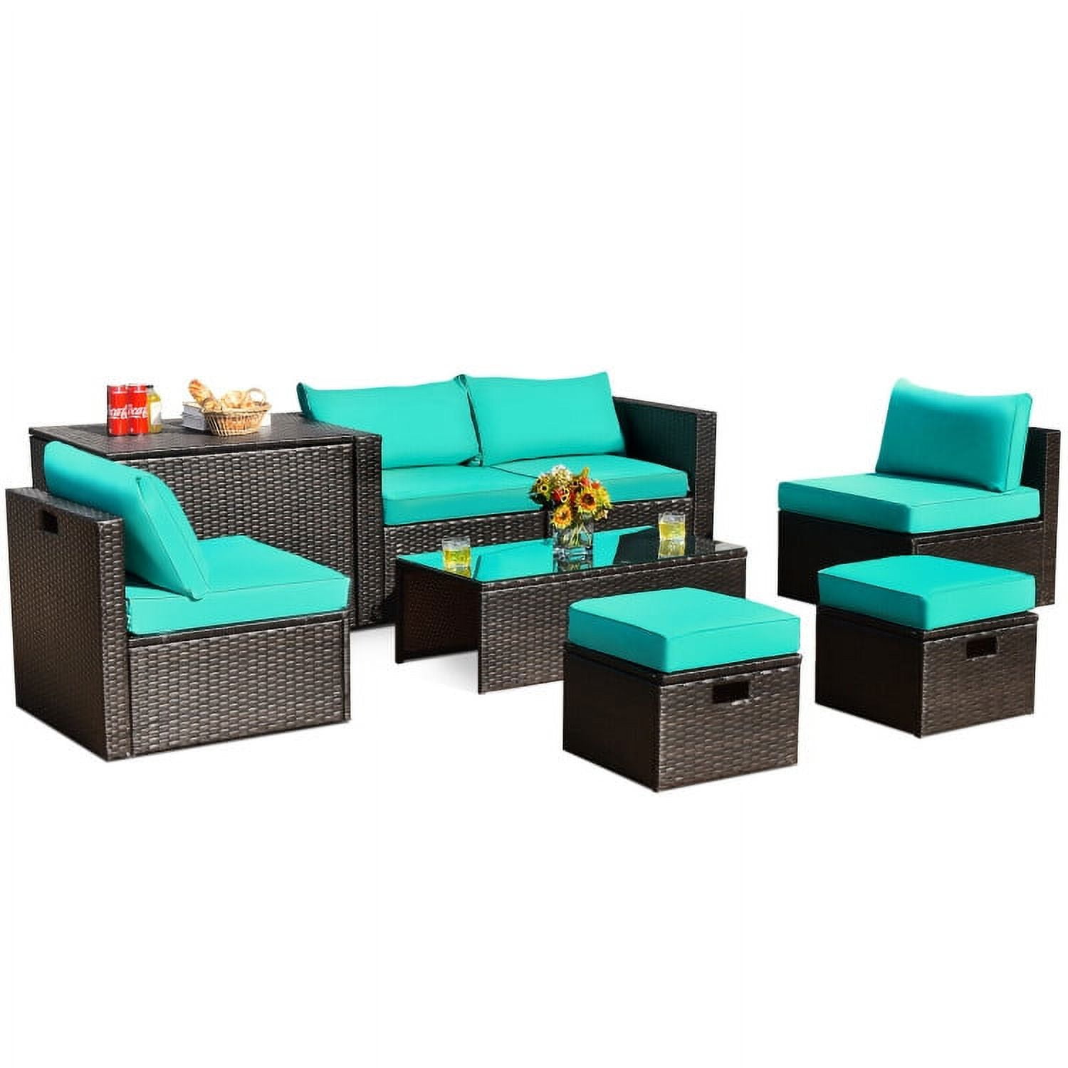 Aimee Lii 8 Pieces Patio Space-Saving Rattan Furniture Set with Storage Box and Waterproof Cover, Outdoor Patio Set, Turquoise Aimee Lii 8 Pieces Patio Space-Saving Rattan Furniture Set with Storage Box and Waterproof Cover, Outdoor Patio Set, Turquoise