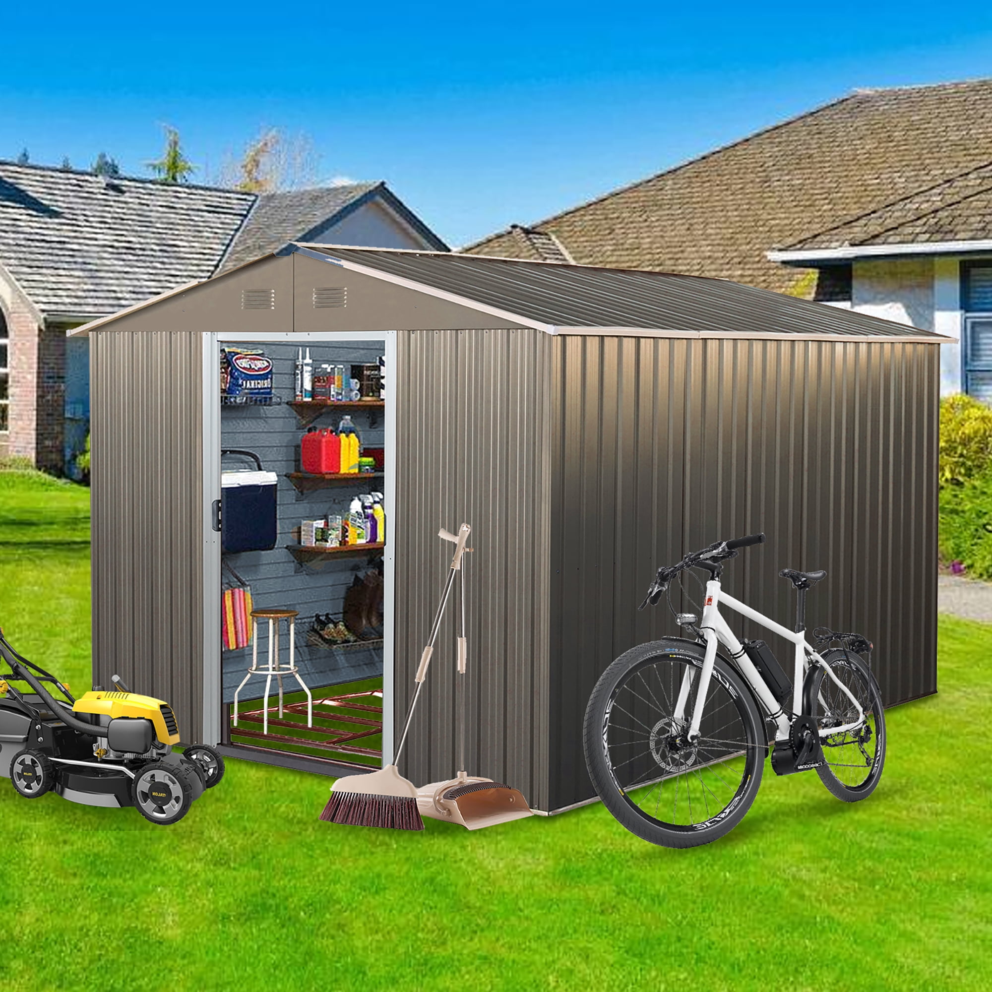 Aimee Lii 88" x 114" Outdoor Metal Storage Shed, Utility Tool Shed Storage House, Metal Sheds for Backyard Garden Patio Lawn, Gray Aimee Lii 88" x 114" Outdoor Metal Storage Shed, Utility Tool Shed Storage House, Metal Sheds for Backyard Garden Patio Lawn, Gray