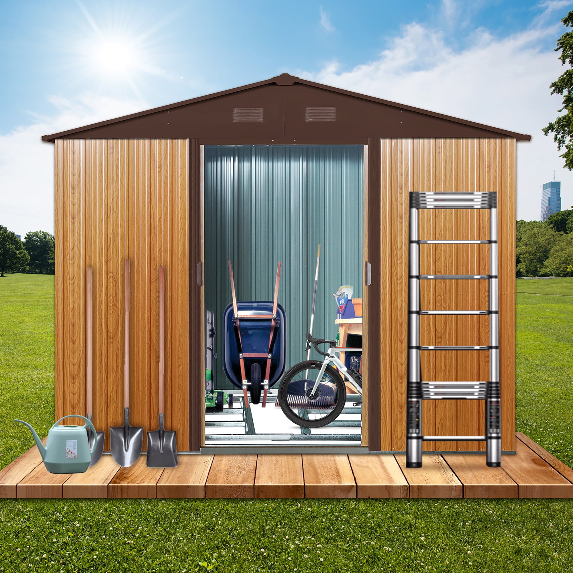 Aimee Lii 88" x 63" Outdoor Metal Storage Shed, Utility Tool Shed Storage House, Metal Sheds for Backyard Garden Patio Lawn, Brown Aimee Lii 88" x 63" Outdoor Metal Storage Shed, Utility Tool Shed Storage House, Metal Sheds for Backyard Garden Patio Lawn, Brown