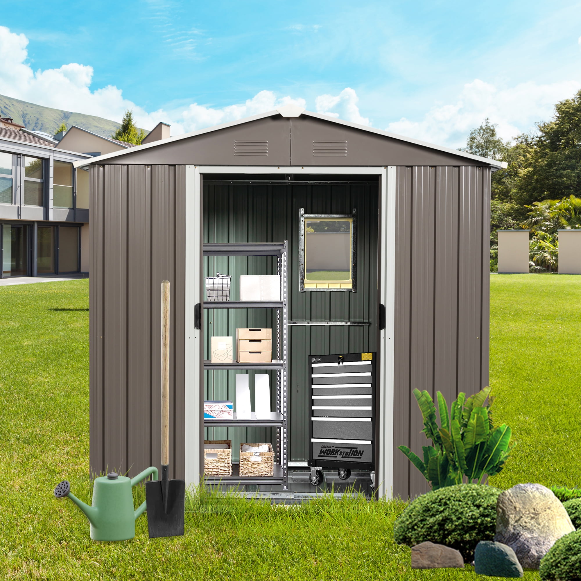 Aimee Lii 88"x46" Outdoor Storage Shed, Utility Tool Shed Storage House, Sheds Outdoor Storage for Backyard Garden Patio Lawn, Gray Aimee Lii 88"x46" Outdoor Storage Shed, Utility Tool Shed Storage House, Sheds Outdoor Storage for Backyard Garden Patio Lawn, Gray