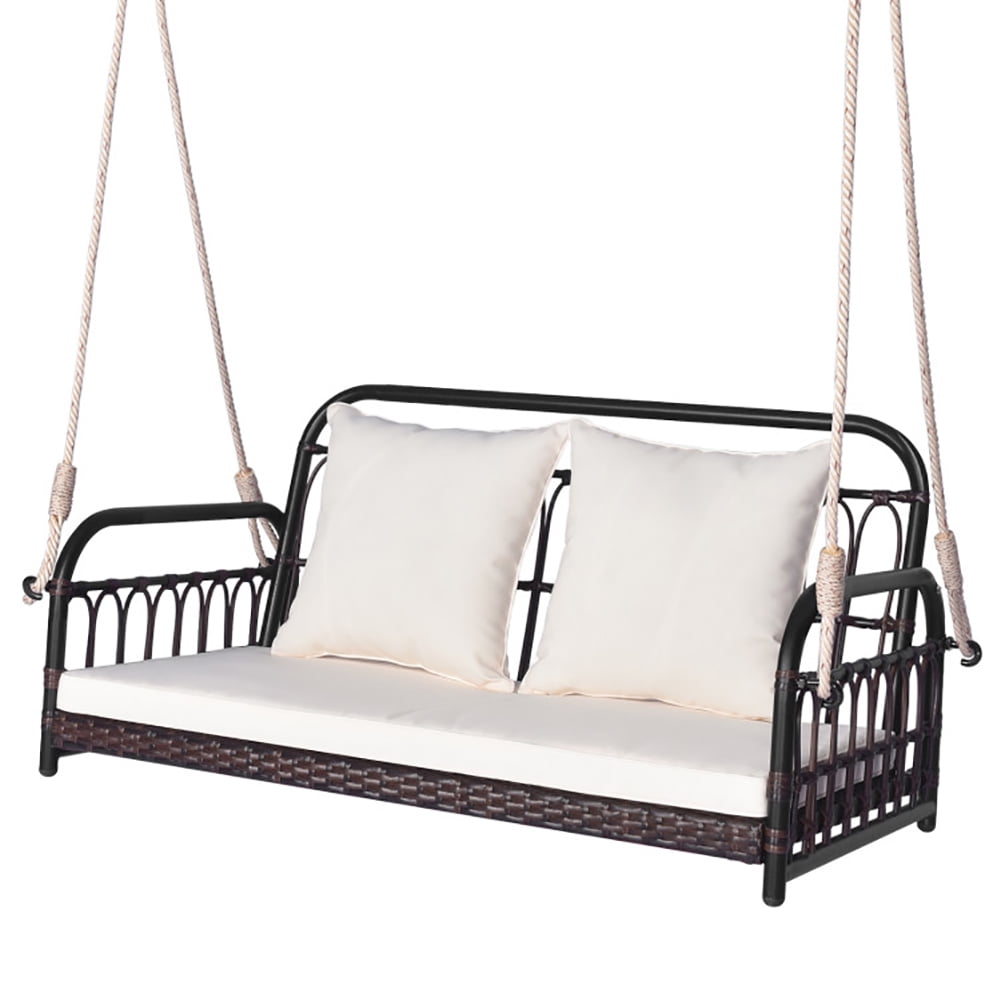 Aimee Lii 880LBS Wicker Hanging Porch Swing with Cushions, Swing Chair Outdoor, White Aimee Lii 880LBS Wicker Hanging Porch Swing with Cushions, Swing Chair Outdoor, White