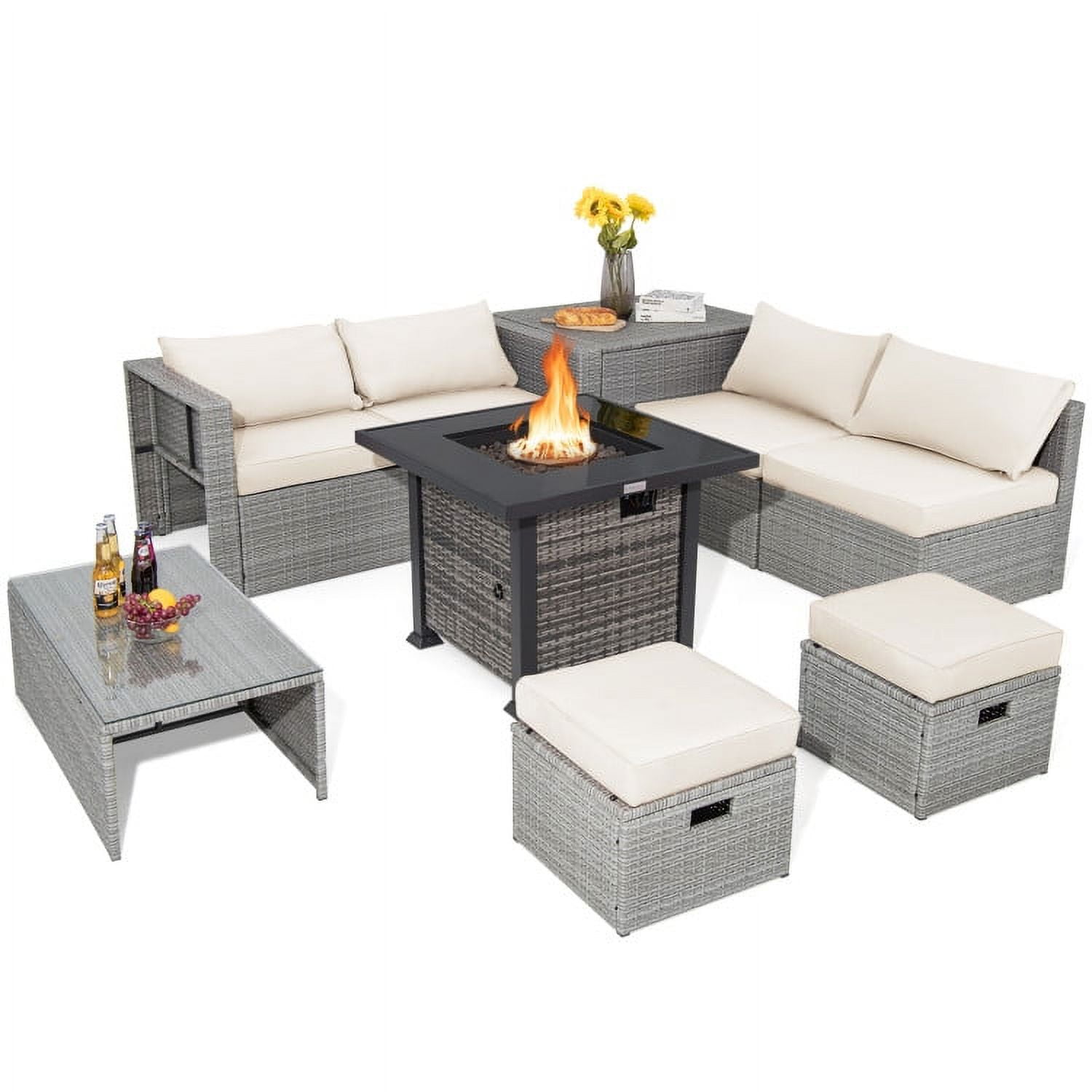 Aimee Lii 9 Pieces Outdoor Patio Furniture Set with 32-Inch Propane Fire Pit Table, Outdoor Patio Set, Off White Aimee Lii 9 Pieces Outdoor Patio Furniture Set with 32-Inch Propane Fire Pit Table, Outdoor Patio Set, Off White