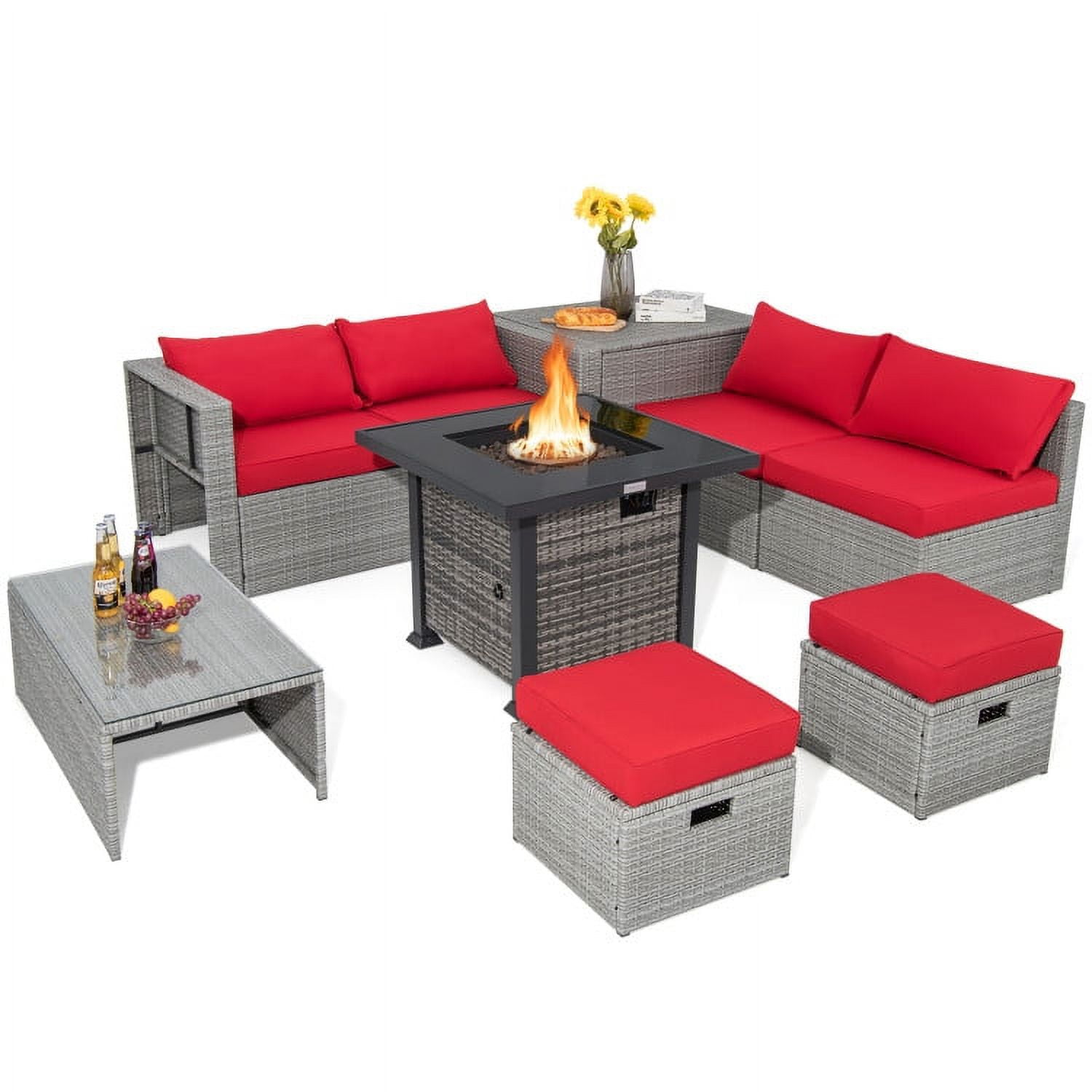 Aimee Lii 9 Pieces Outdoor Patio Furniture Set with 32-Inch Propane Fire Pit Table, Outdoor Patio Set, Red Aimee Lii 9 Pieces Outdoor Patio Furniture Set with 32-Inch Propane Fire Pit Table, Outdoor Patio Set, Red