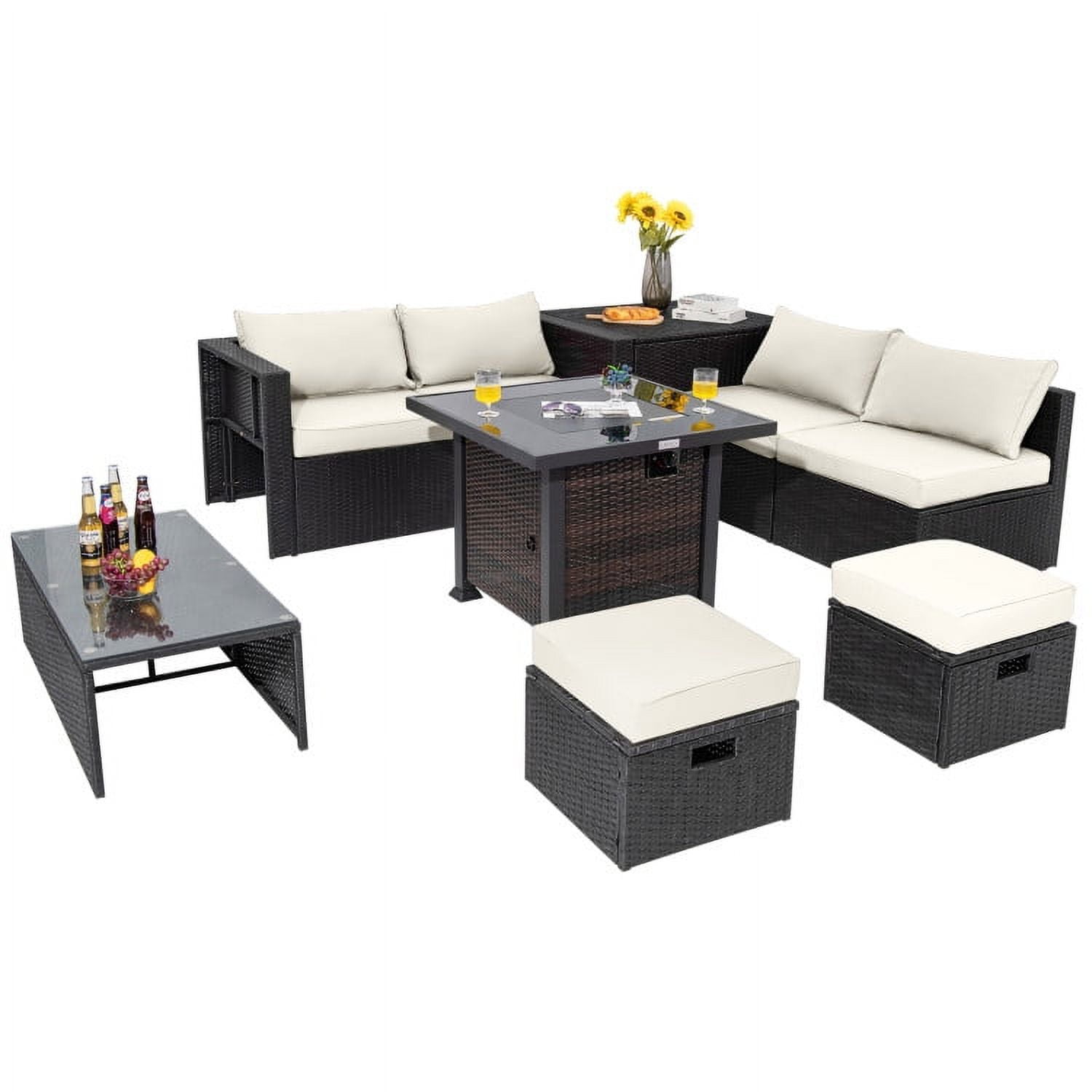 Aimee Lii 9 Pieces Patio Furniture Set with 32” Fire Pit Table and 50000 BTU Square Propane Fire Pit, Outdoor Patio Furniture, White Aimee Lii 9 Pieces Patio Furniture Set with 32” Fire Pit Table and 50000 BTU Square Propane Fire Pit, Outdoor Patio Furniture, White