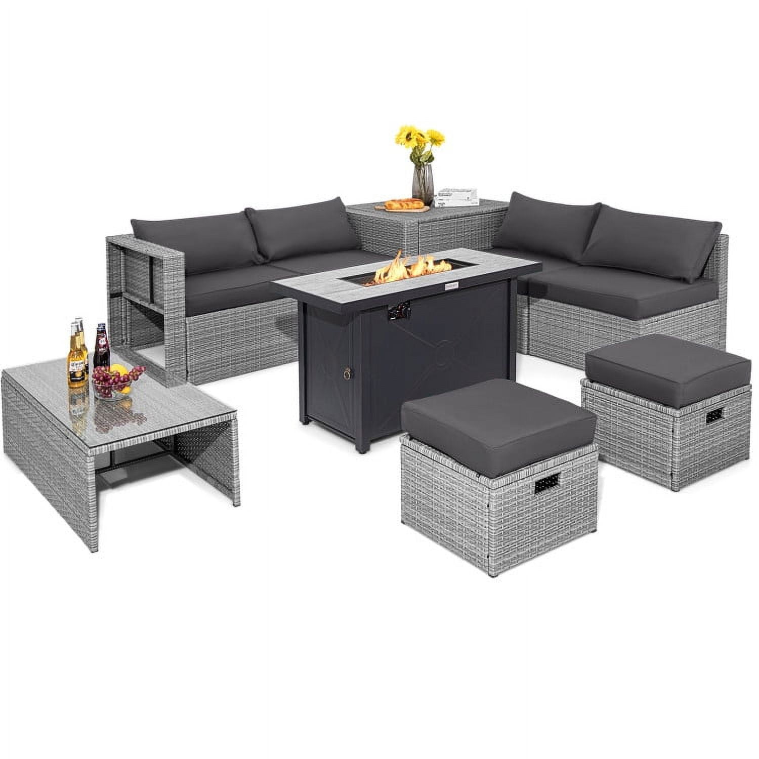 Aimee Lii 9 Pieces Patio Furniture Set with 42 Inches 60000 BTU Fire Pit, Outdoor Patio Furniture, Gray Aimee Lii 9 Pieces Patio Furniture Set with 42 Inches 60000 BTU Fire Pit, Outdoor Patio Furniture, Gray