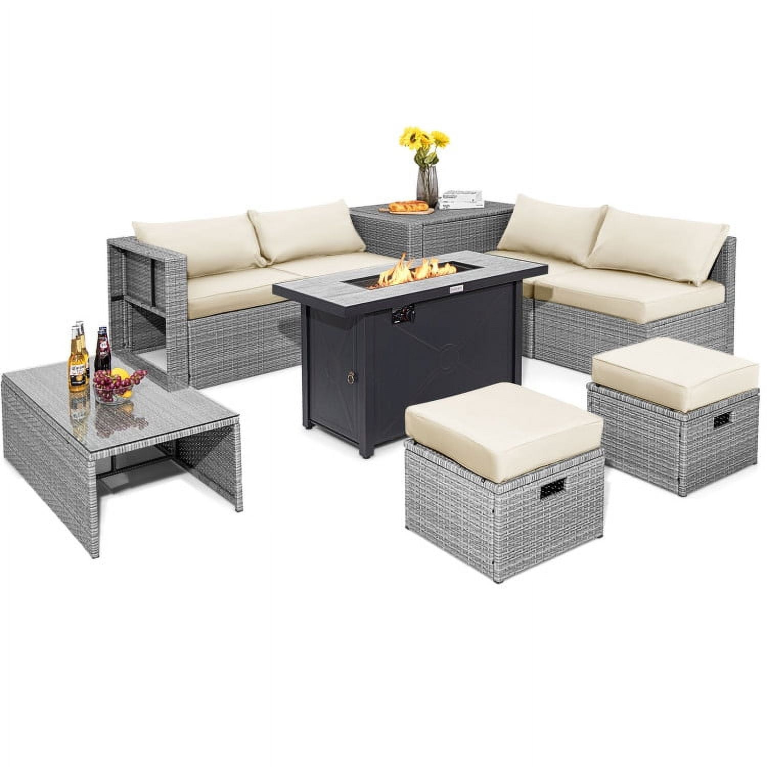 Aimee Lii 9 Pieces Patio Furniture Set with 42 Inches 60000 BTU Fire Pit, Outdoor Patio Furniture, White Aimee Lii 9 Pieces Patio Furniture Set with 42 Inches 60000 BTU Fire Pit, Outdoor Patio Furniture, White