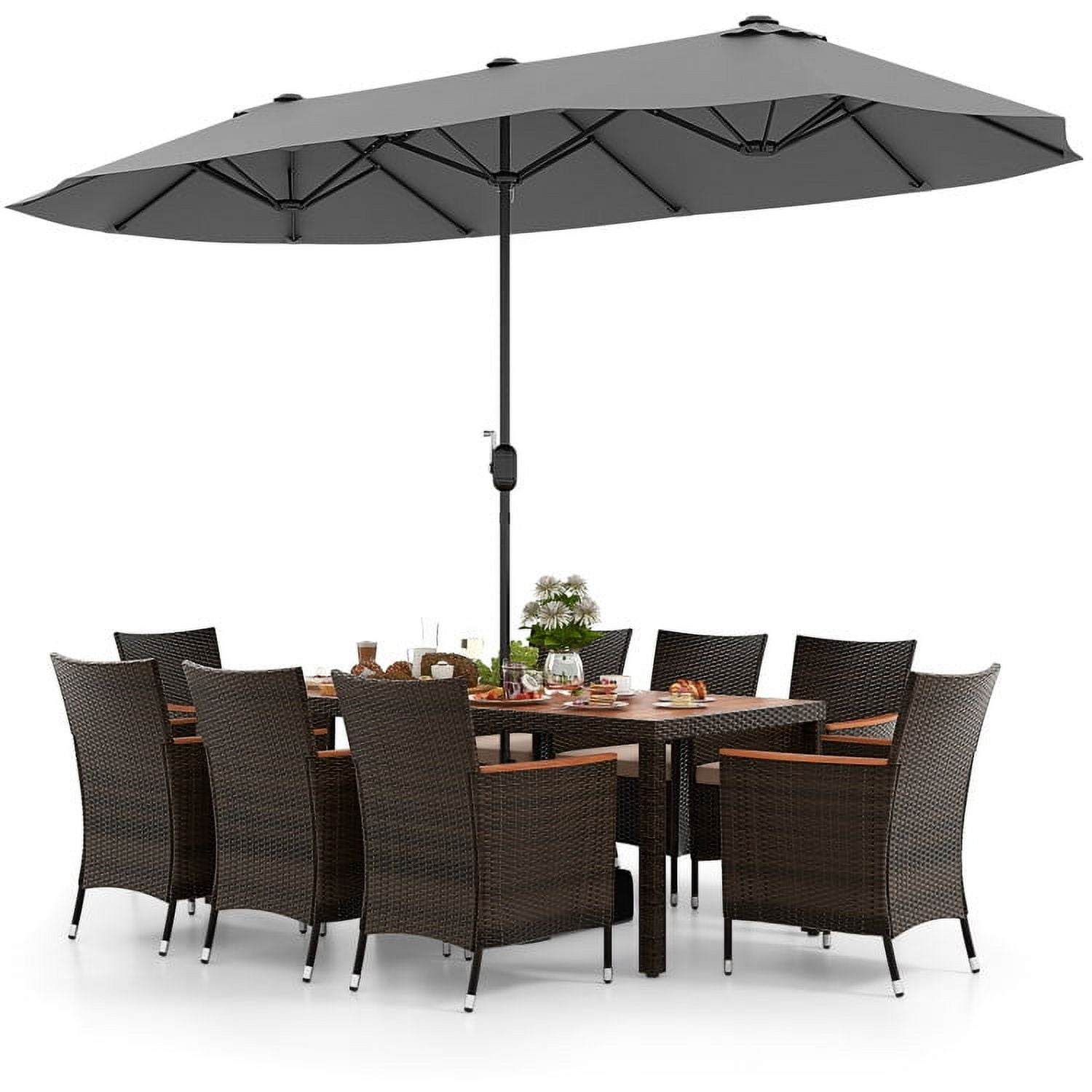 Aimee Lii 9 Pieces Patio Furniture Sets, Outdoor Dining Set with 15" Double-Sided Twin Patio Umbrella, Gray Aimee Lii 9 Pieces Patio Furniture Sets, Outdoor Dining Set with 15" Double-Sided Twin Patio Umbrella, Gray