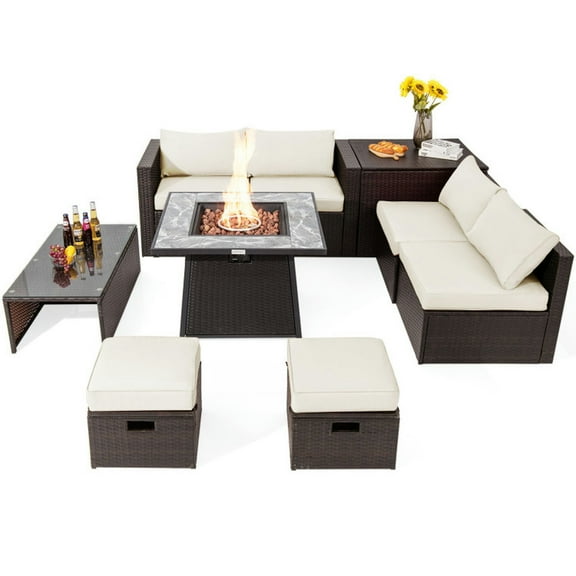 Aimee Lii 9 Pieces Patio PE Wicker Sectional Set with 50000 BTU Fire Pit Table, Outdoor Patio Furniture for Garden Backyard, Pool Deck, Sturdy-Off White