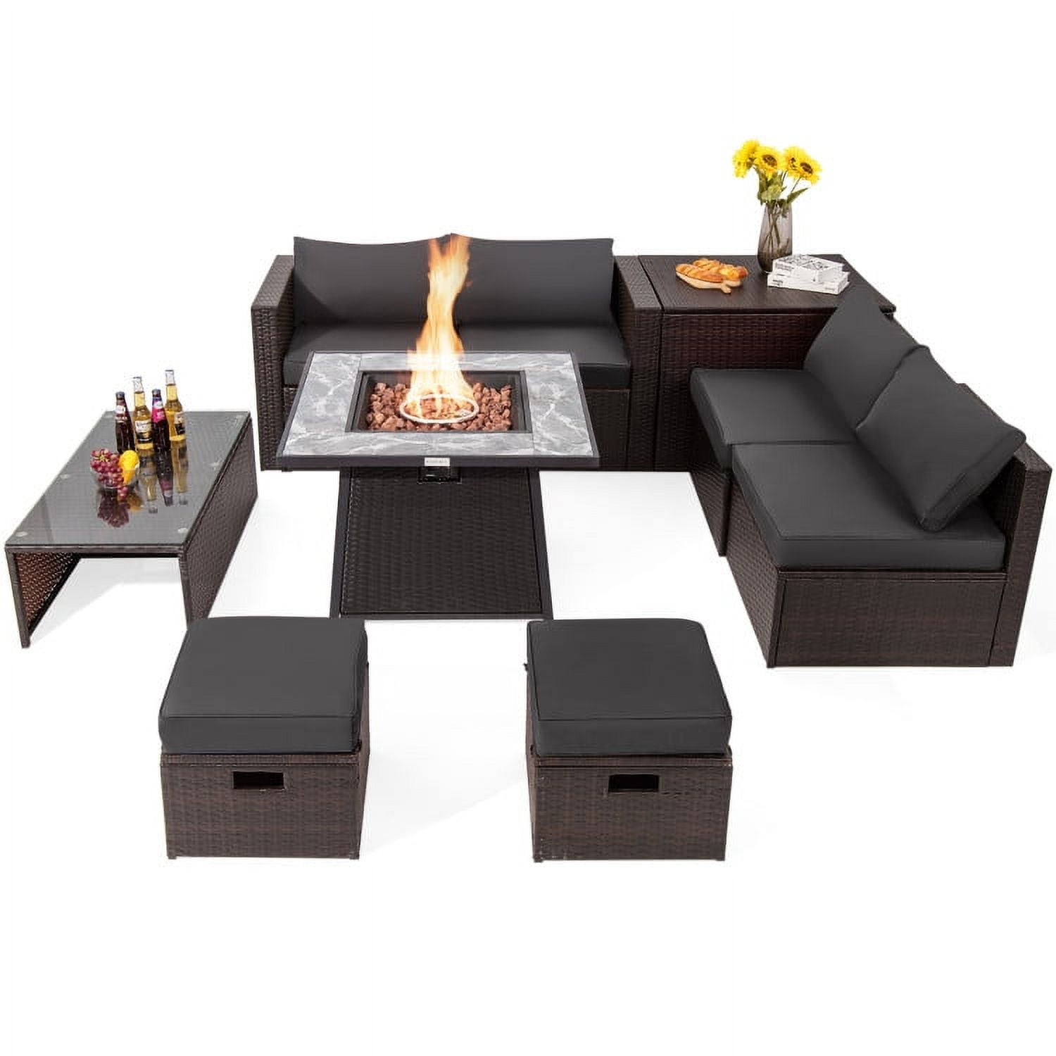 Aimee Lii 9 Pieces Patio PE Wicker Sectional Set with 50000 BTU Fire Pit Table, Outdoor Patio Set, Gray Aimee Lii 9 Pieces Patio PE Wicker Sectional Set with 50000 BTU Fire Pit Table, Outdoor Patio Set, Gray