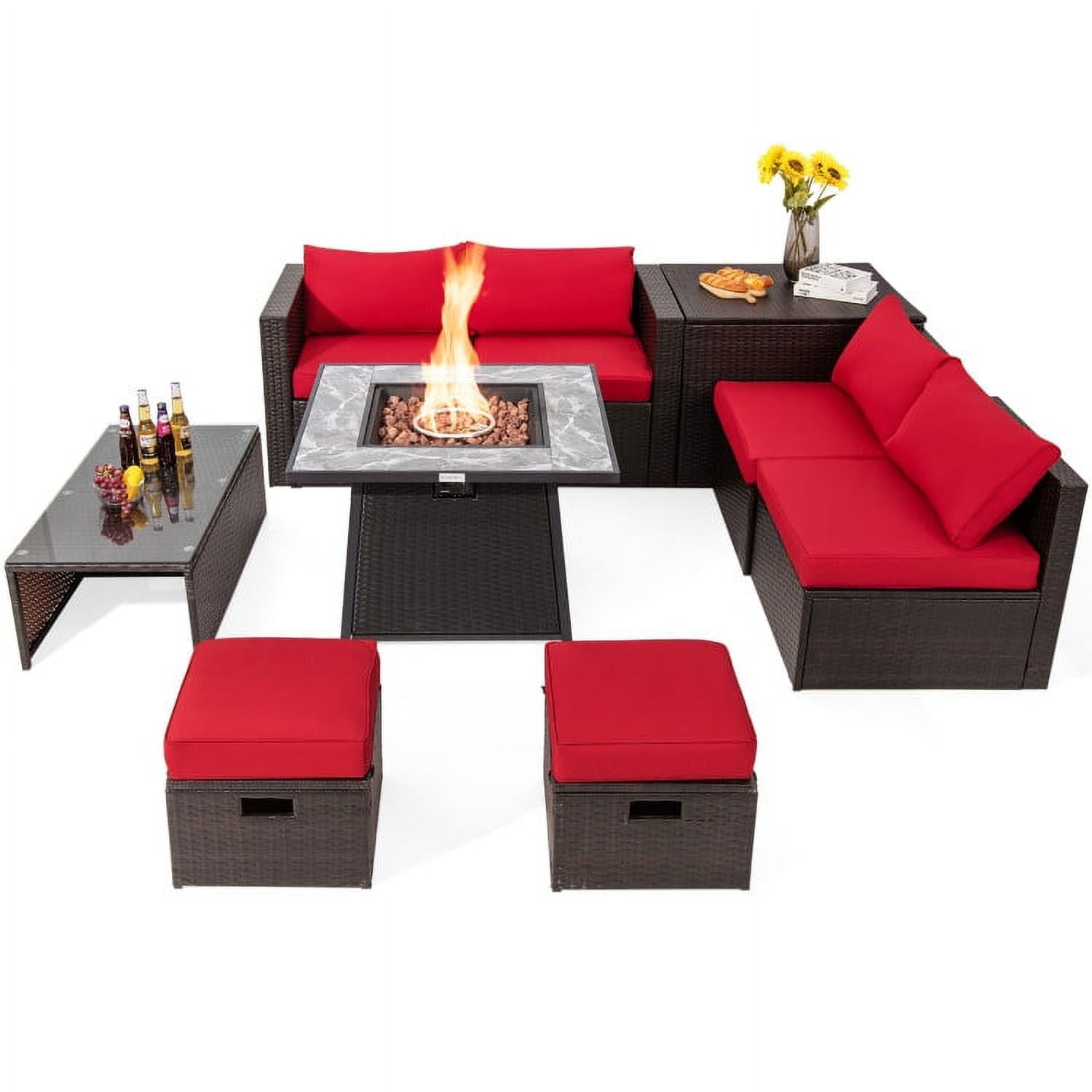 Aimee Lii 9 Pieces Patio PE Wicker Sectional Set with 50000 BTU Fire Pit Table, Outdoor Patio Set, Red