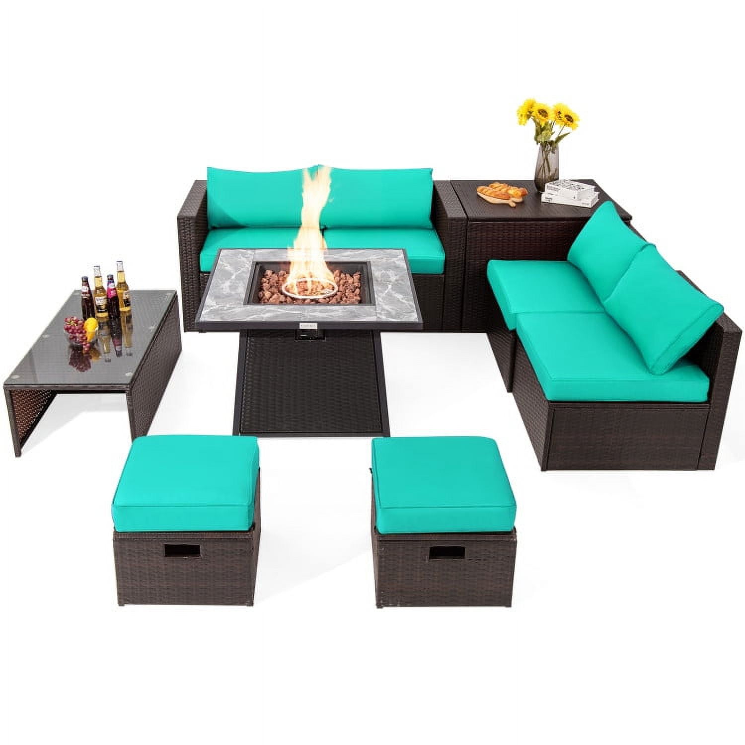 Aimee Lii 9 Pieces Patio PE Wicker Sectional Set with 50000 BTU Fire Pit Table, Outdoor Patio Set, Turquoise Aimee Lii 9 Pieces Patio PE Wicker Sectional Set with 50000 BTU Fire Pit Table, Outdoor Patio Set, Turquoise