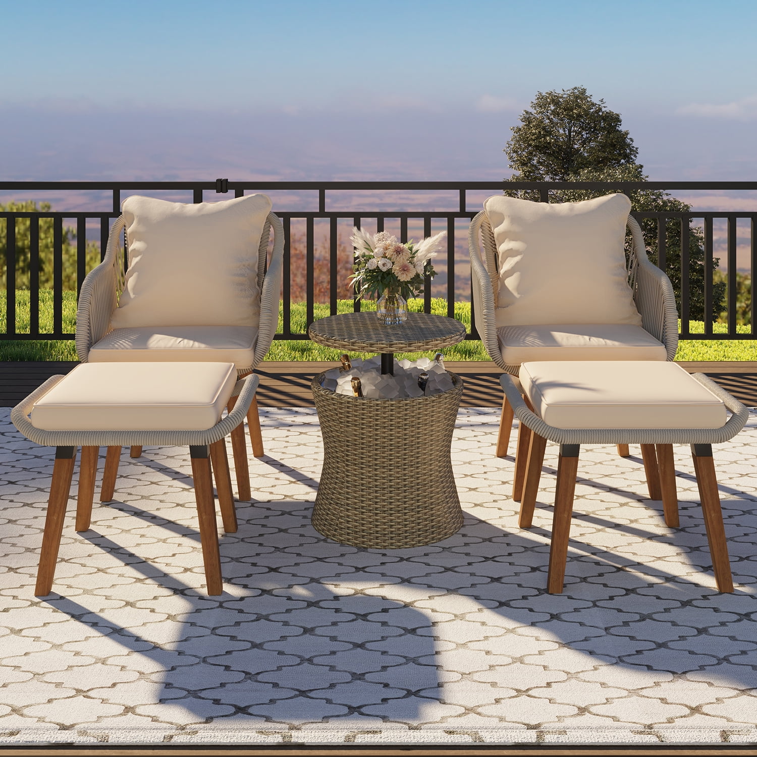 Aimee Lii All Weathe Brown 5 Piece Outdoor Patio Wicker Furniture Set, Rattan Chair and Footstool Conversation Set with Coffee Table, Brown Aimee Lii All Weathe Brown 5 Piece Outdoor Patio Wicker Furniture Set, Rattan Chair and Footstool Conversation Set with Coffee Table, Brown