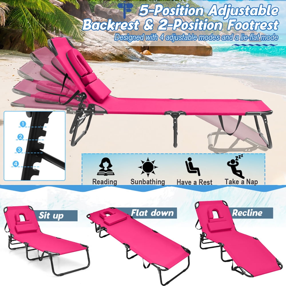 Aimee Lii Beach Chaise Lounge Chair with Face Hole and Removable Pillow, Patio Loungers, Pink Aimee Lii Beach Chaise Lounge Chair with Face Hole and Removable Pillow, Patio Loungers, Pink
