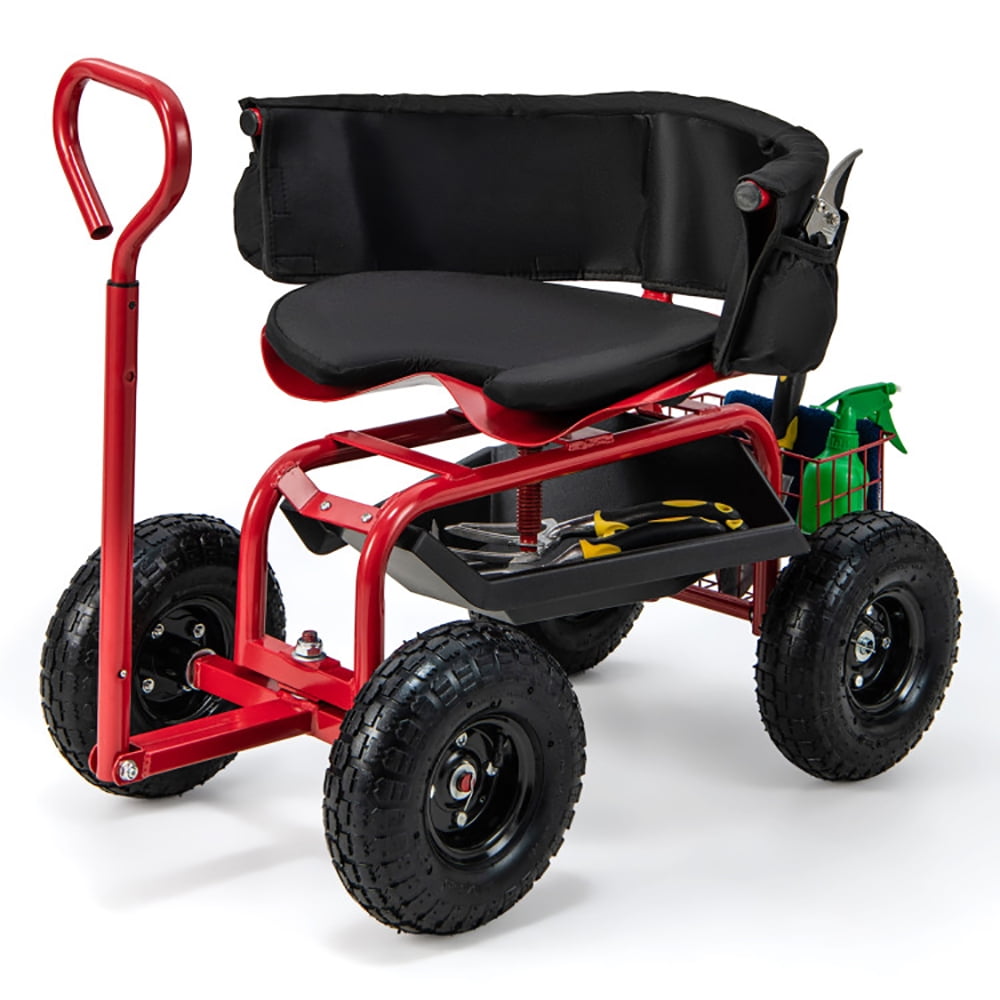 Aimee Lii Cushioned Rolling Garden Cart Scooter with Storage Basket and Tool Pouch, Gardening Cart with Seat, Red