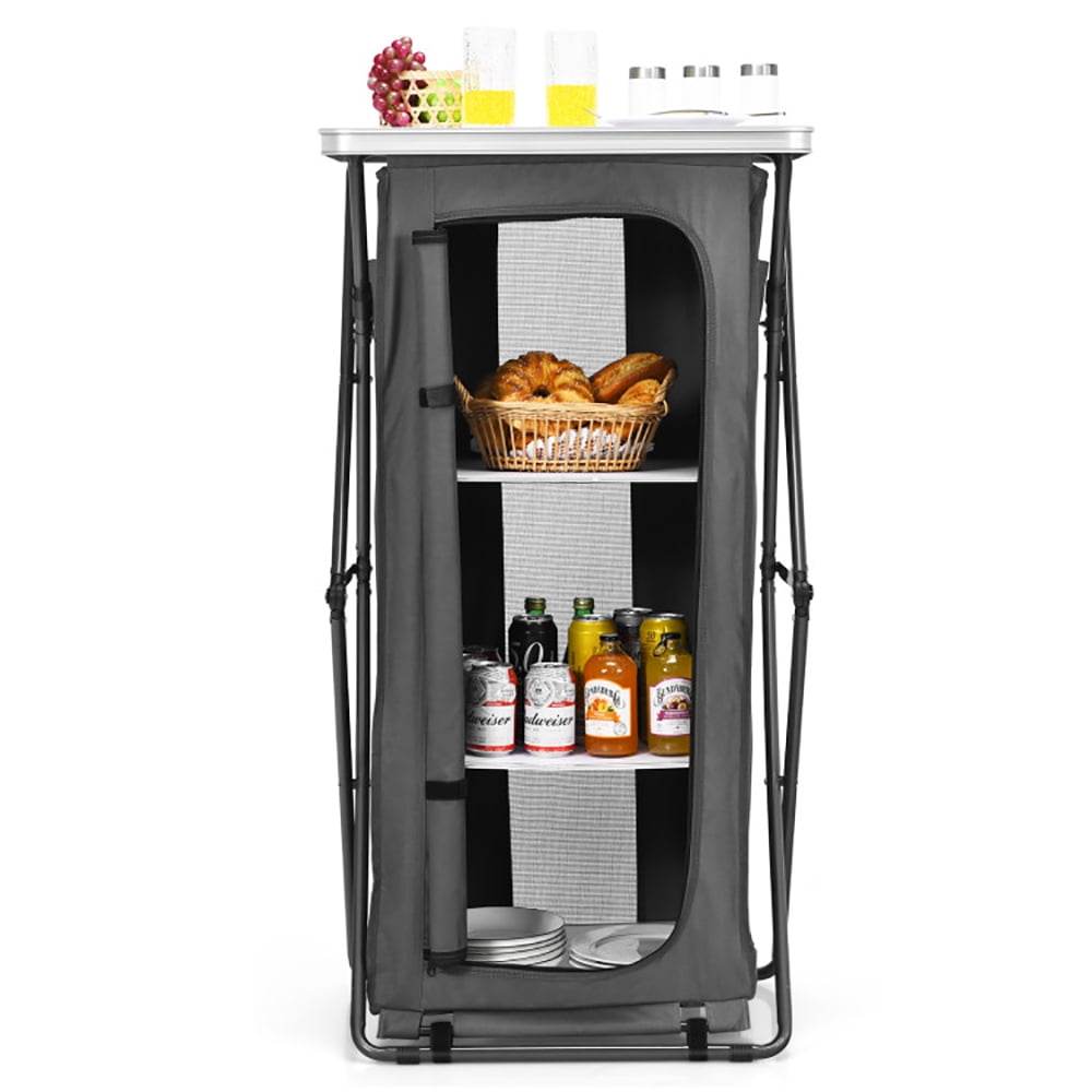 Aimee Lii Folding Camping Storage Cabinet with 3 Shelves and Carry Bag, Easy Set Up Portable Camping Kitchen, Gray-L