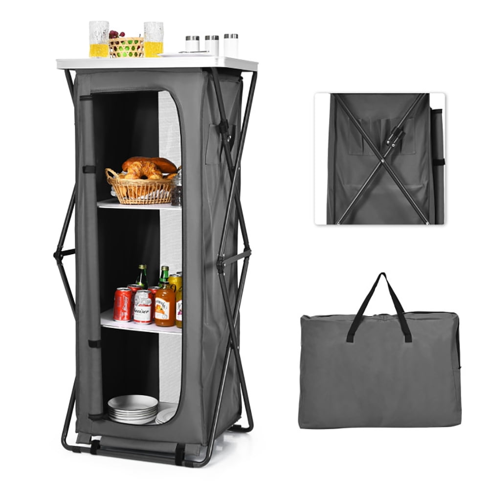 Aimee Lii Folding Camping Storage Cabinet with 3 Shelves and Carry Bag, Easy Set Up Portable Camping Kitchen, Gray-XL