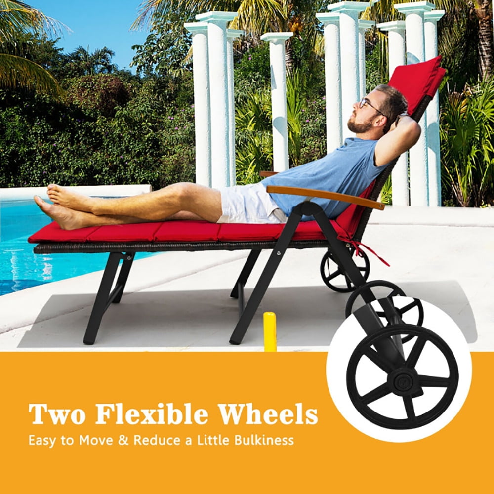Aimee Lii Folding Patio Rattan Lounge Chair with Wheels, Patio Loungers, Red