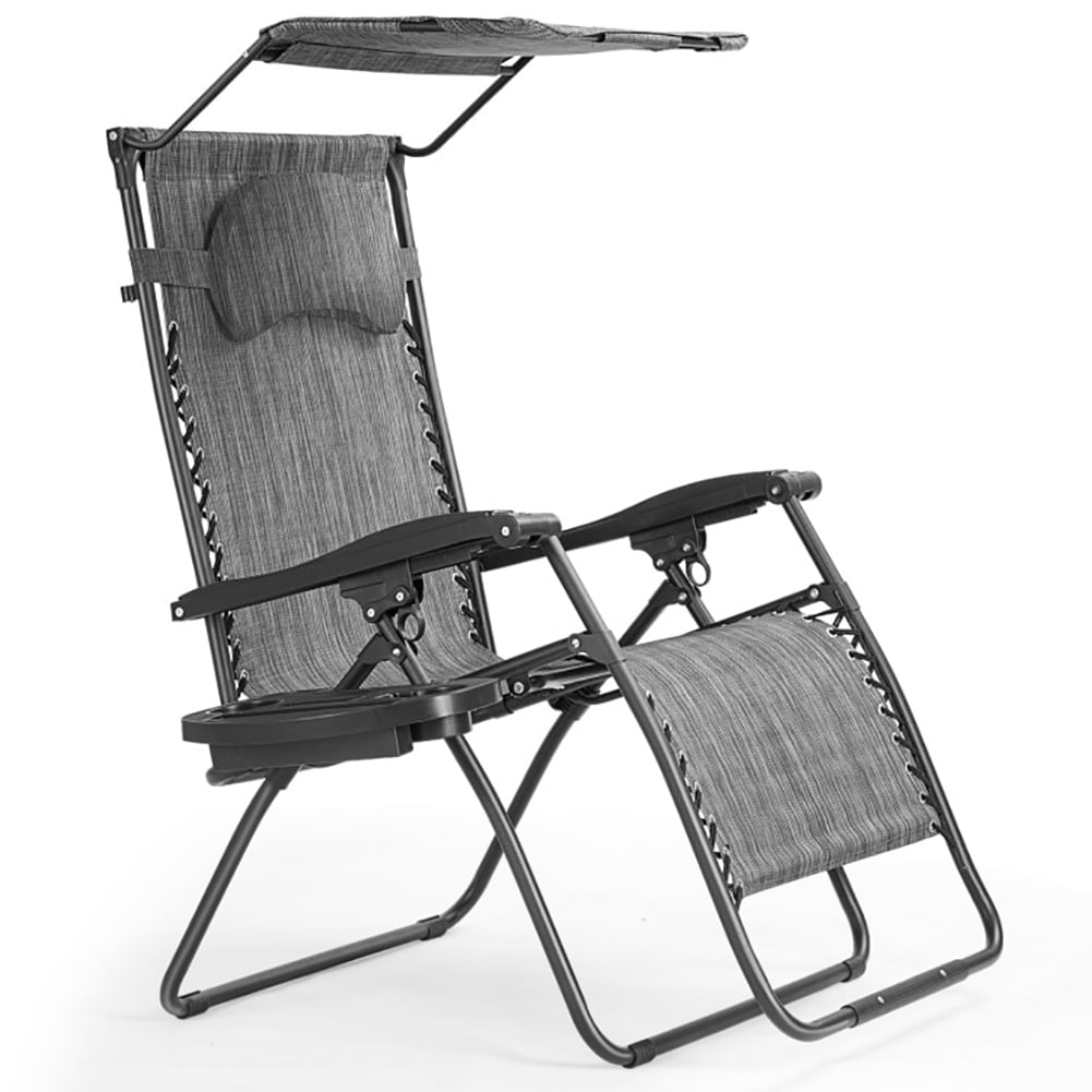 Aimee Lii Folding Recliner Lounge Chair with Shade Canopy Cup Holder, Outdoor Patio Furniture, Gray