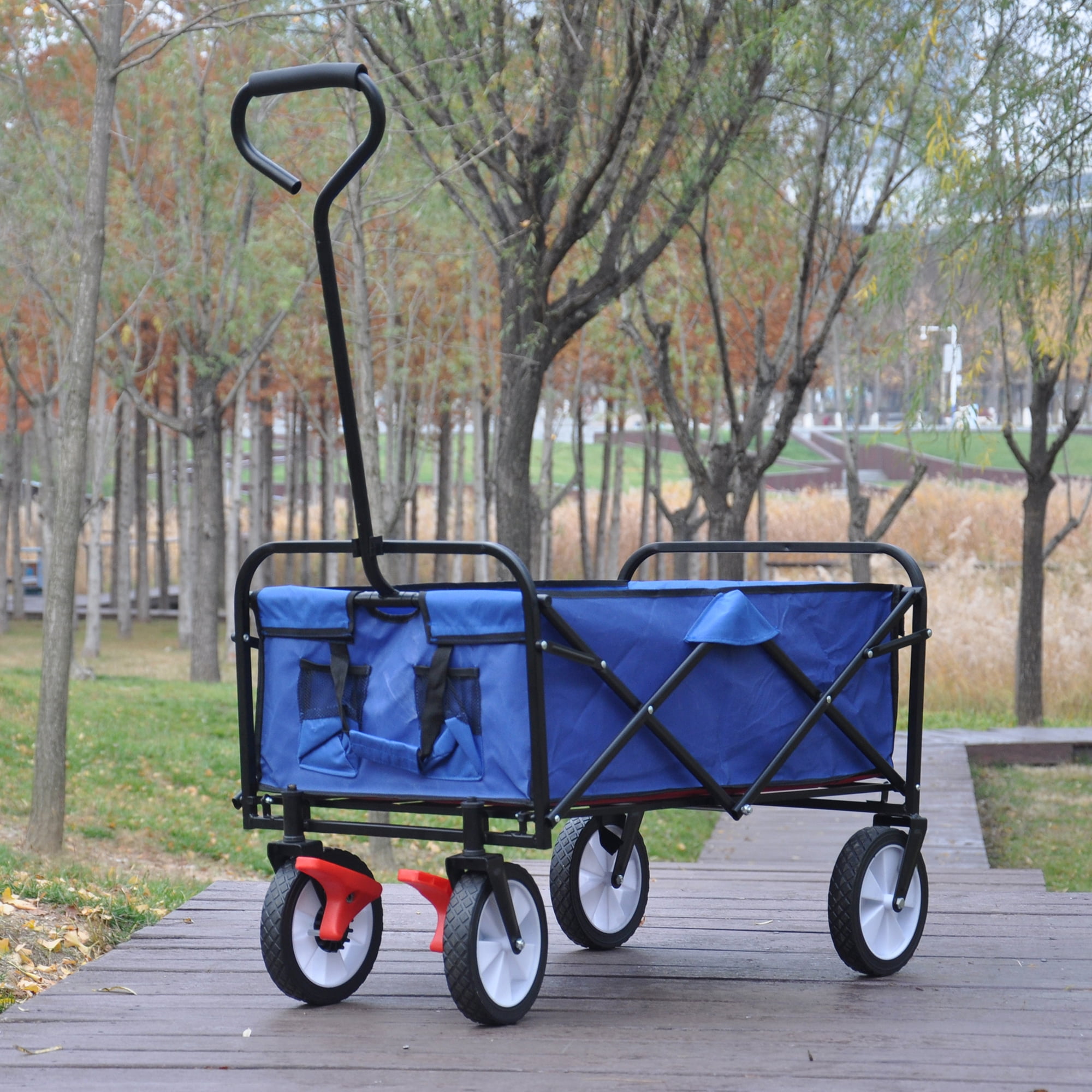 Aimee Lii Folding Utility Wagon Cart, Beach Wagon with Big Wheels for Sand, Collapsible Grocery Cart, Blue