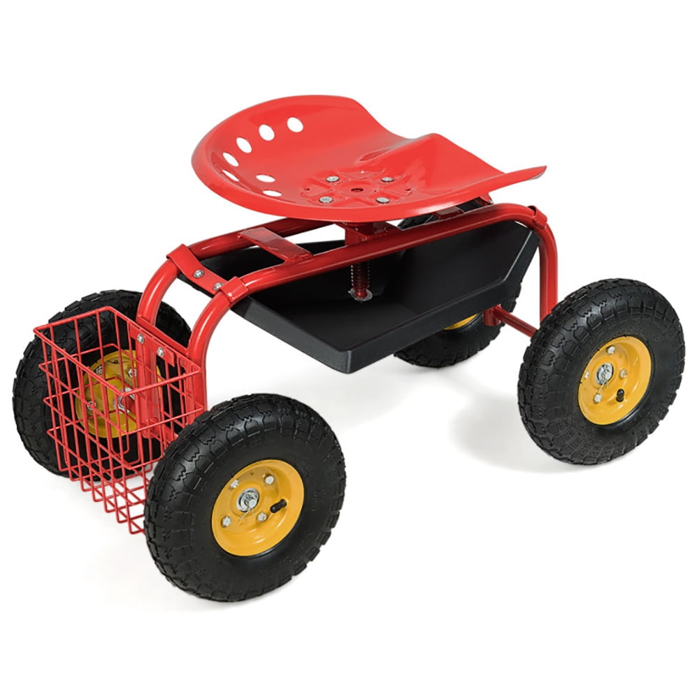Aimee Lii Garden Cart Rolling Work Seat With Heavy Duty Tool Tray Gardening Planting, Gardening Cart with Seat, Red