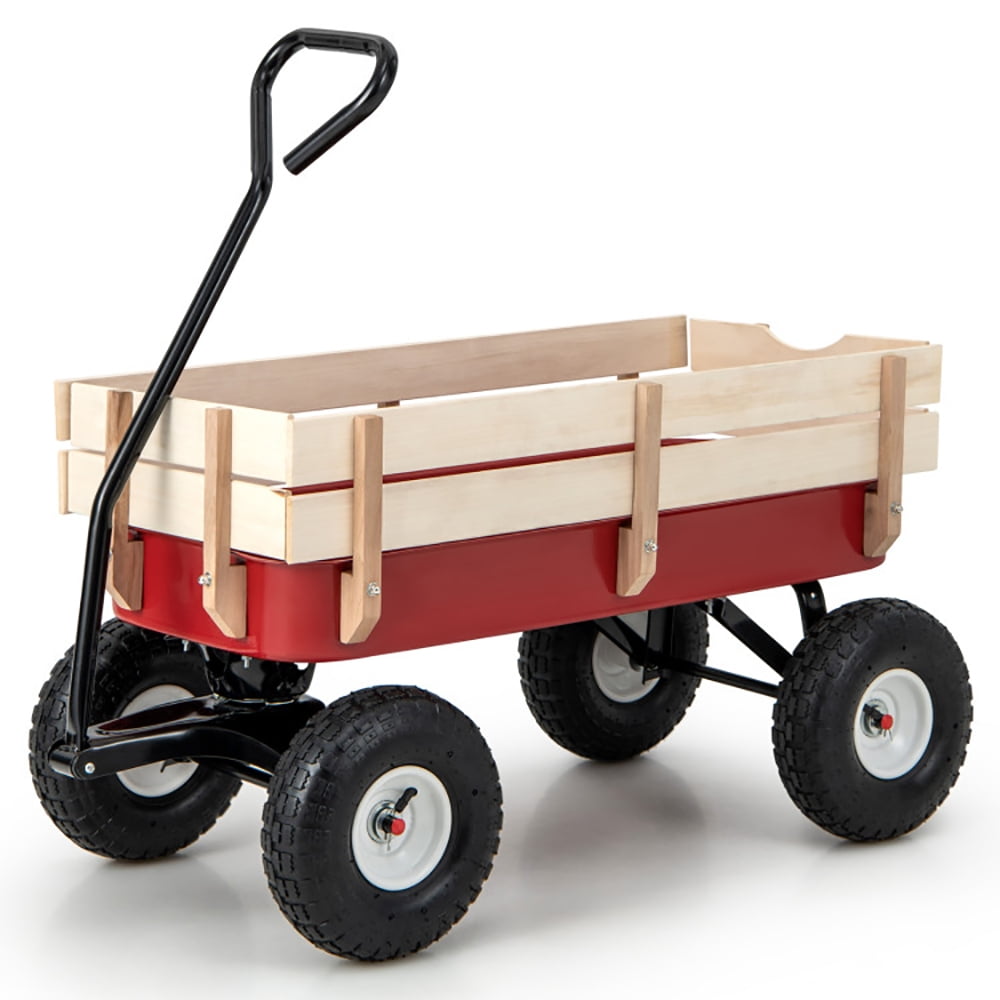 Aimee Lii Garden Cart with Wood Railing and Pneumatic Wheels, Garden Cart Utility Wagon