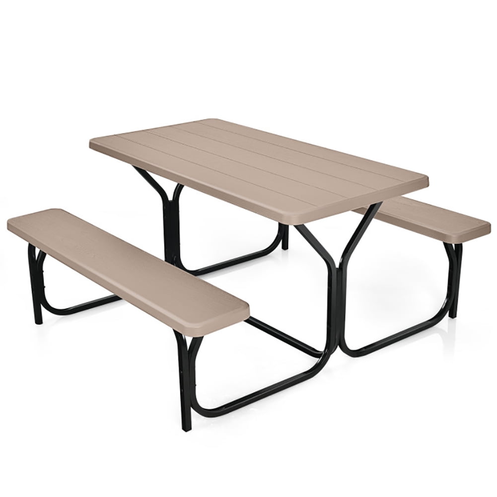 Aimee Lii HDPE Outdoor Picnic Table Bench Set with Metal Base, Outdoor Furniture Set, Coffee
