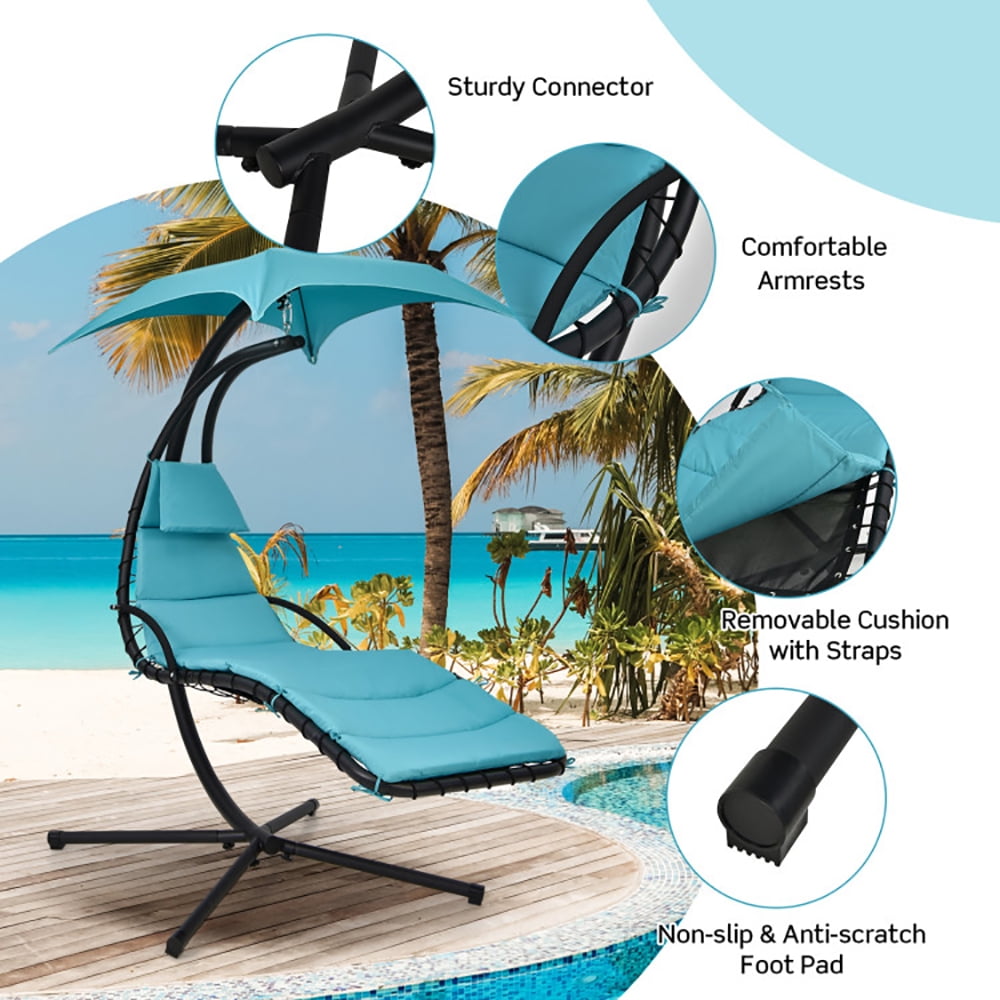Aimee Lii Hanging Curved Steel Swing Chaise Lounger with Removable Canopy, Patio Loungers, Turquoise