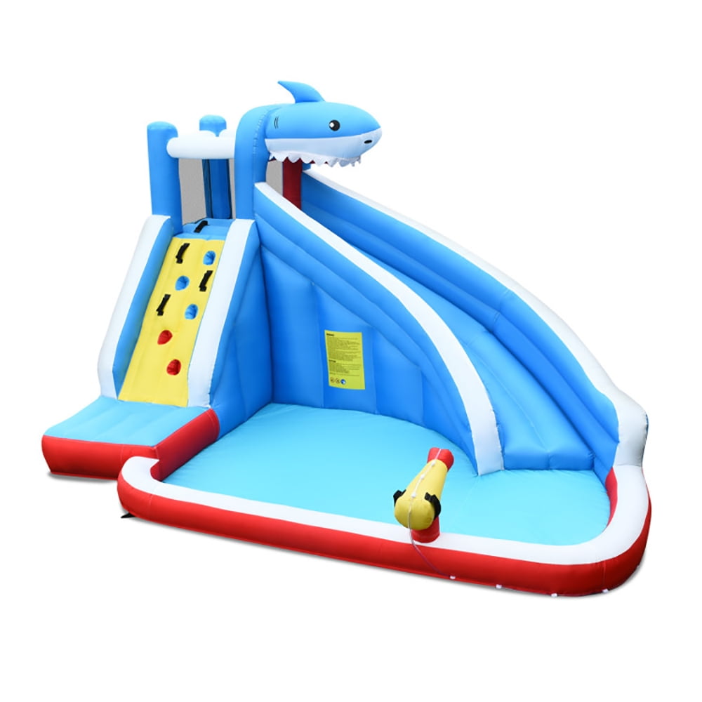 Aimee Lii Inflatable Shark Bounce House with Water Slide and Climbing Wall without Blower, Bounce House Water Slide for Kids 5-12