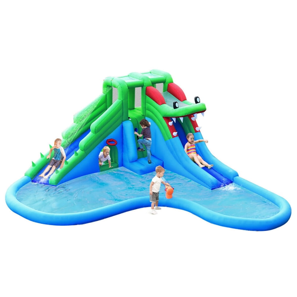Aimee Lii Inflatable Water Park Crocodile Bouncer Dual Slide Climbing Wall without Blower, Bounce House Water Slide for Kids 5-10