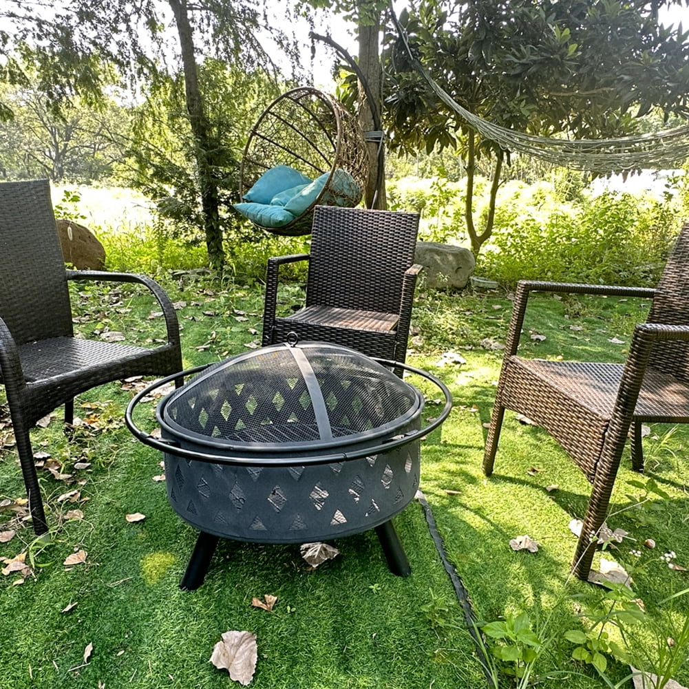 Aimee Lii Iron Fire Pit Set Heating Equipment Camping Fire Bowl with Poker Mesh Cover, Outdoor Patio Furniture for Backyard Poolside, Black