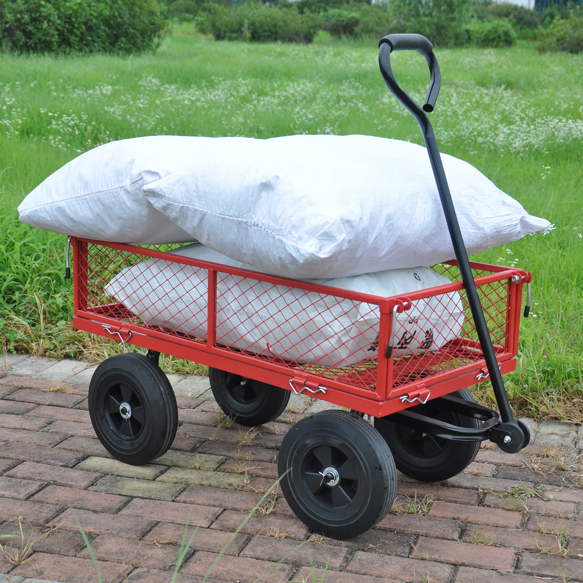 Aimee Lii Mesh Steel Garden Cart, Folding Utility Wagon with Tires, Portable Wagon Cart with Wheels, Red Aimee Lii Mesh Steel Garden Cart, Folding Utility Wagon with Tires, Portable Wagon Cart with Wheels, Red